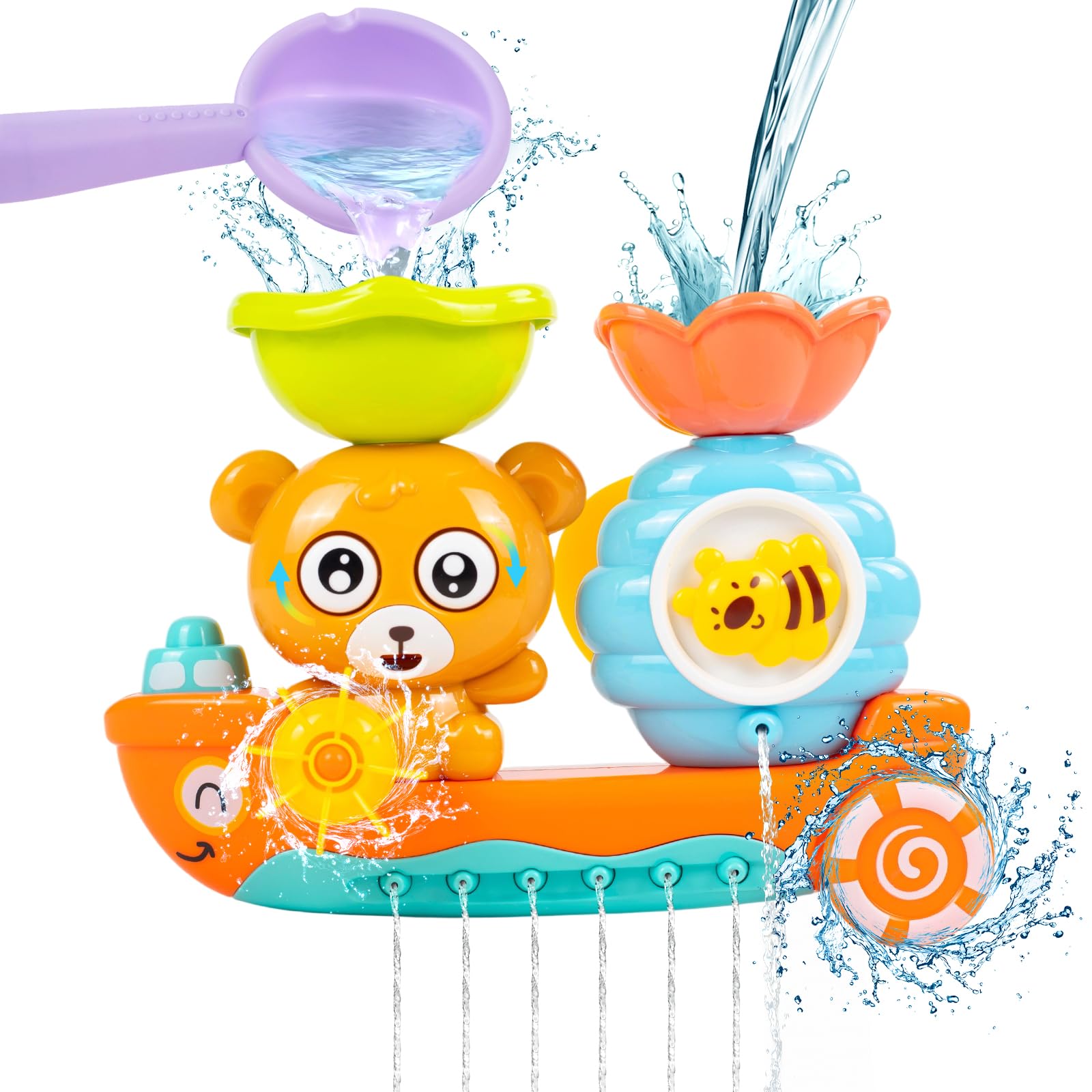Bath Toys for Toddlers 1-3, Bear and Bee Water Wheel Bath Toy with Suction Cup, Baby Shower Sensory Toys for 1 2 3 4 Year Old Boys Girls, Birthday Gift Bathtub Fun