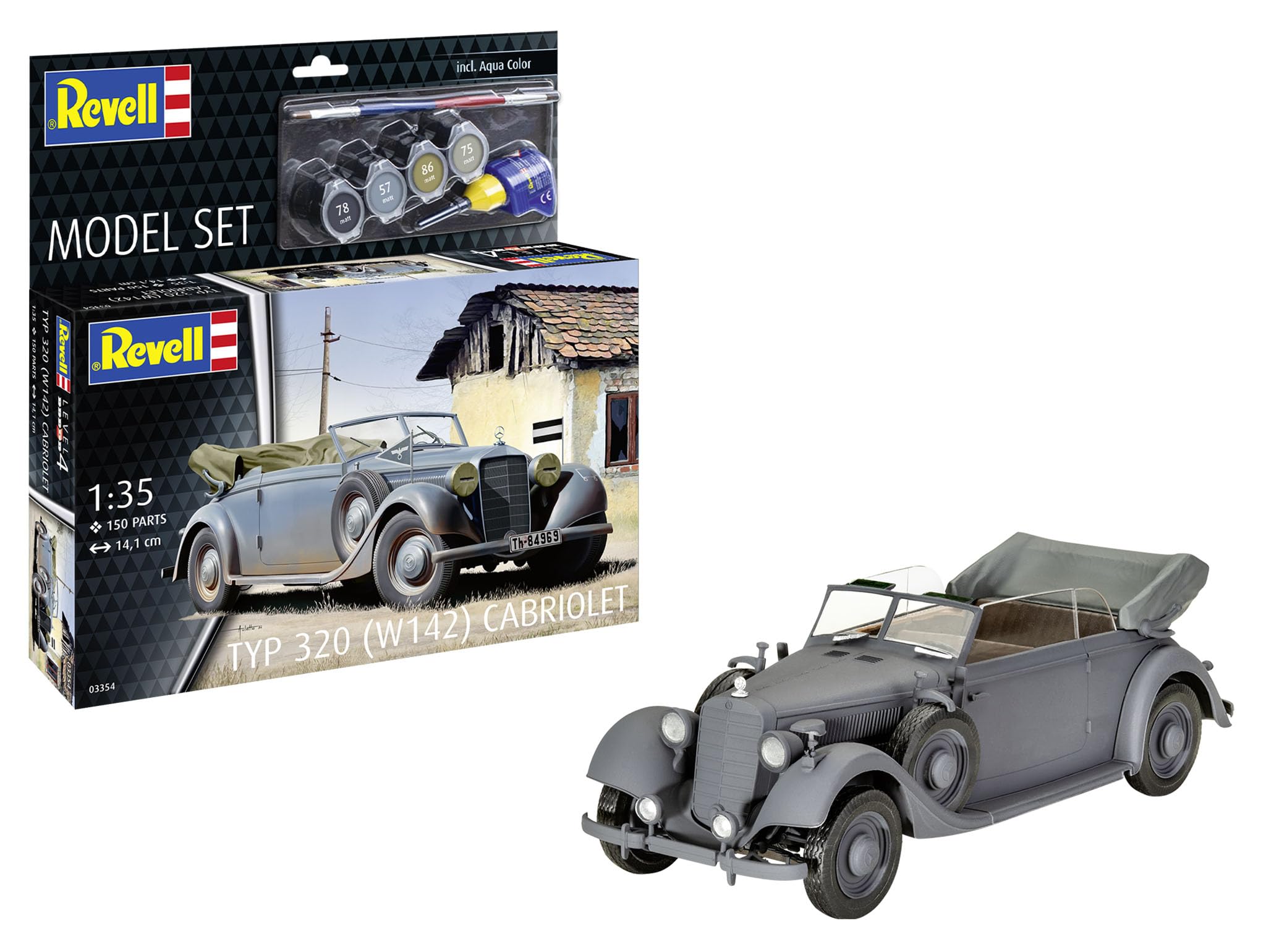 Revell Model Kit Type 320 (W142) Cabriolet, niemiecki luksusowy model pojazdu, szczegółowe podwozie, precyzyjny silnik, autentyczne wersje Wehrmachtu, tworzenie modeli DIY, zawiera klej i pędzel