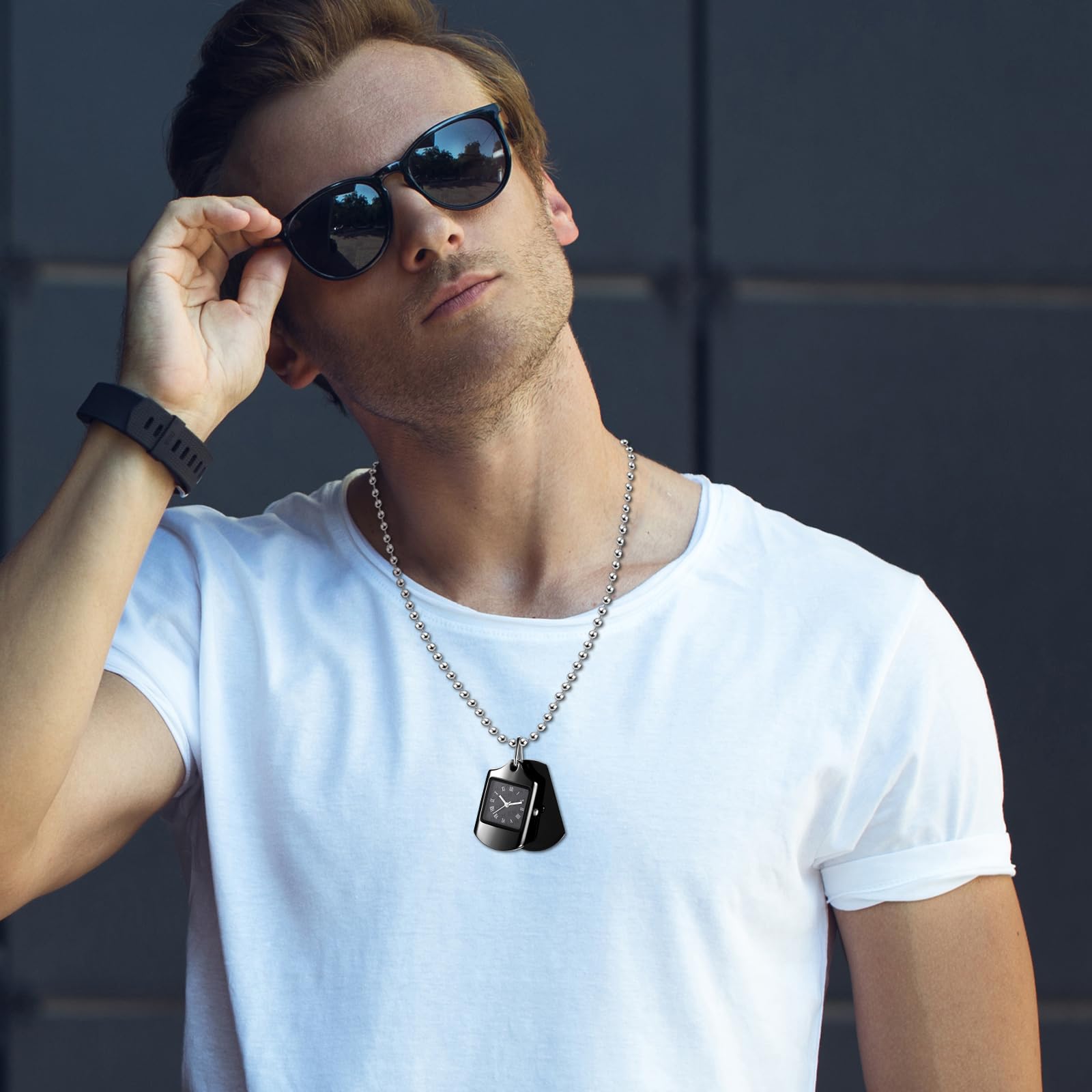 JewelryWe Zegarek kieszonkowy, łańcuszek na szyję z zegarkiem i nieśmiertelnikiem: 2 szt. analogowy kwarcowy zegarek łańcuchowy, cyfry rzymskie, prostokątny, wojskowy, nieśmiertelnik, wisiorek
