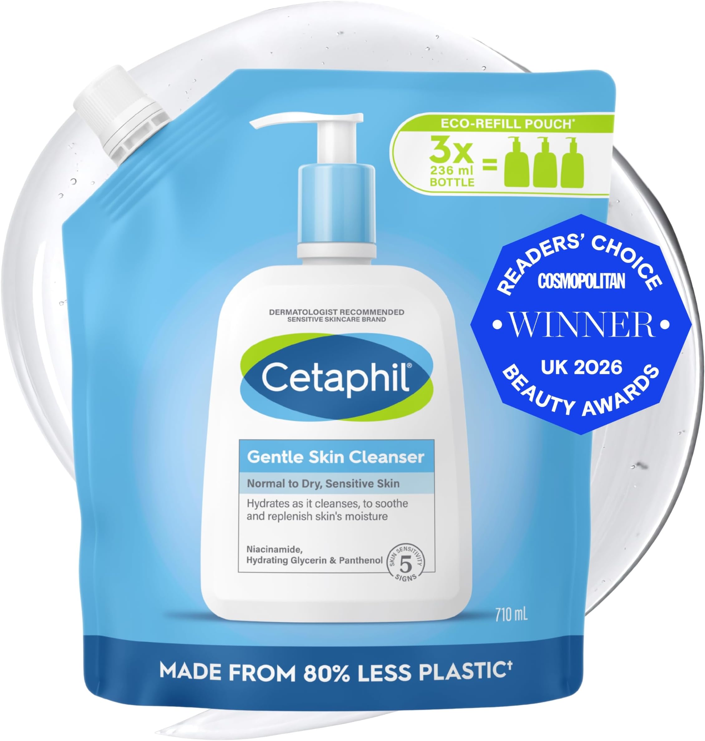 Gentle Skin Cleanser Eco Refill Pouch, 710ml, Face & Body Wash, for Normal to Dry Sensitive Skin, Soap Free with Niacinamide, Packaging May Vary