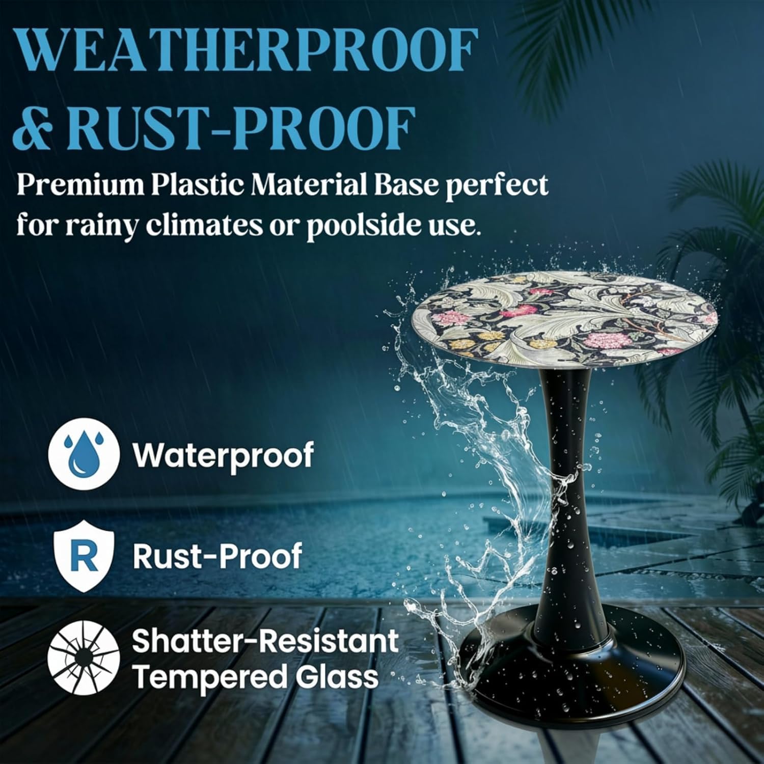 Simmer Stone 13.4" Outdoor Side Table, Round Patio Bistro Table Printed Tempered Glass Top, Waterproof Rust-Proof Base, Small Plant Stand for Balcony, Garden, Deck, 21.6" H (Morris Green)
