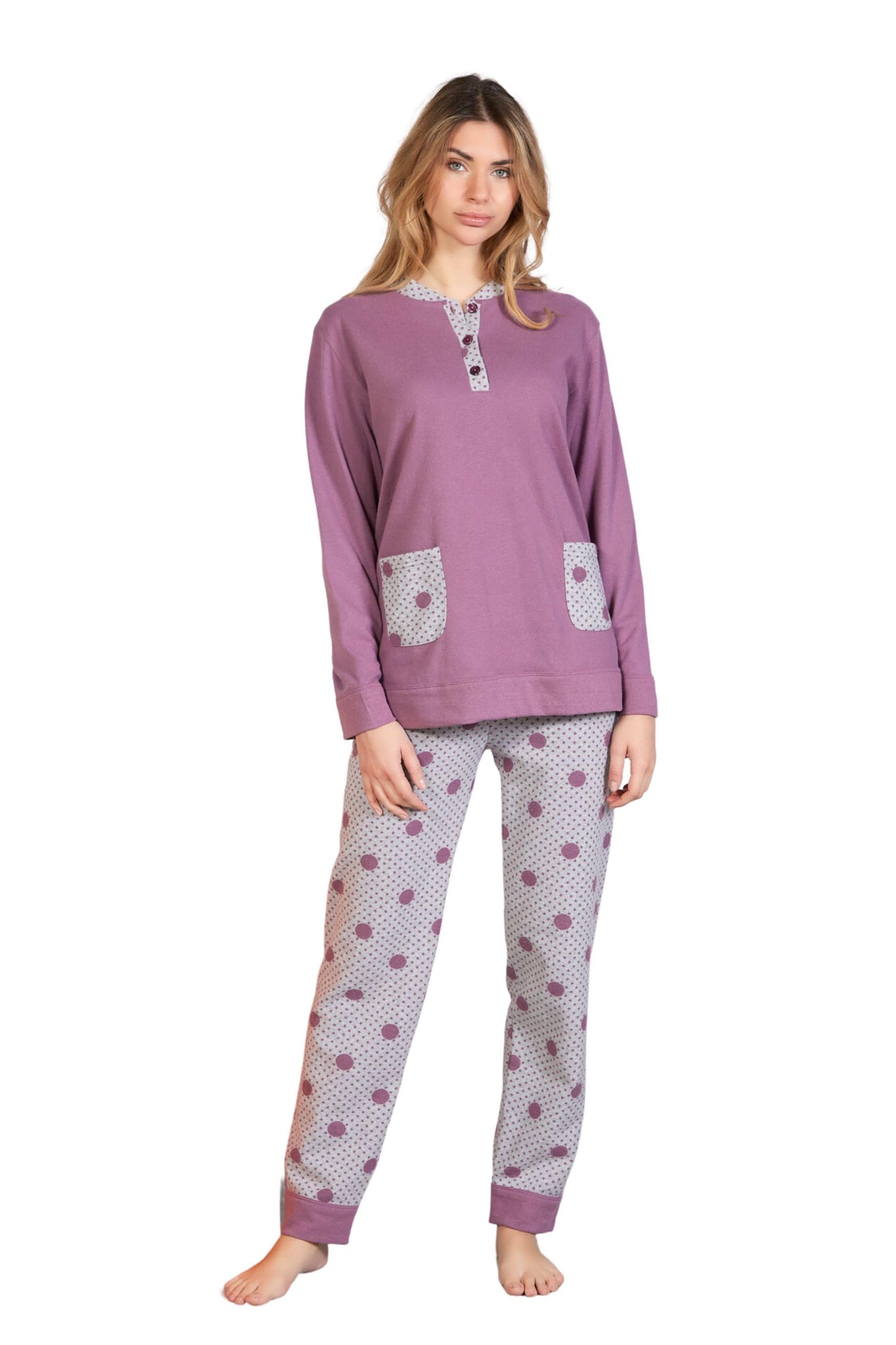 Leo Corsetteria Pigiama Donna Invernale Serafino Jacquard Felpato Molto Caldo Polsini Orsetto 5101-125SP