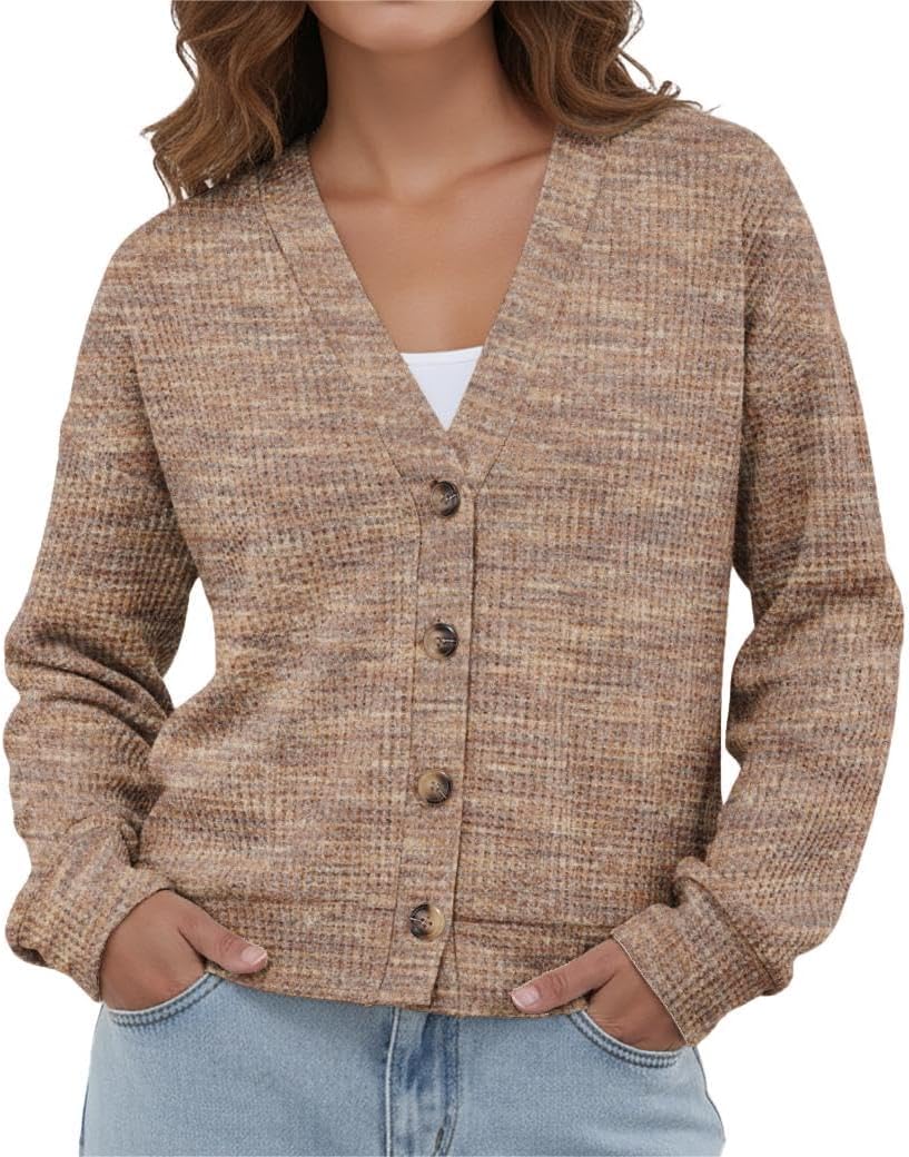 IWOLLENCE Women's Lightweight Cropped Cardigan V Neck Long Sleeve Waffle Knitted Button Up Sweater Tops Trendy - Image 2