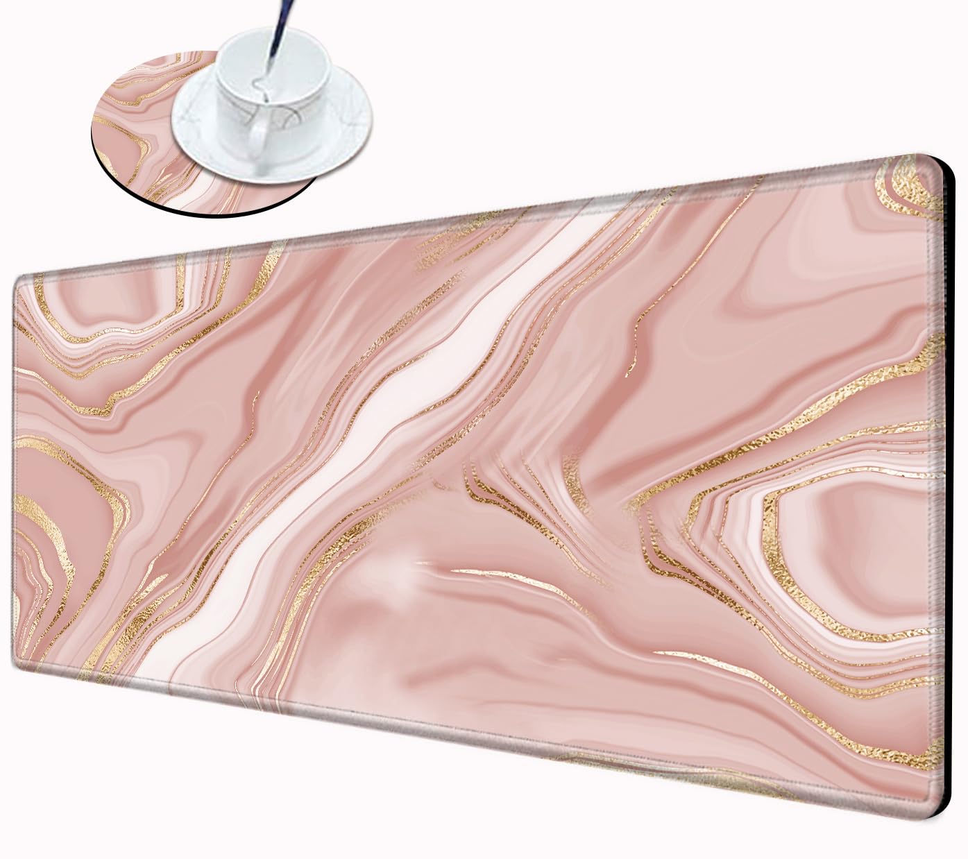 Tappetino per mouse da gioco, grande, in marmo rosa, XXL, grande tappetino da scrivania, base in gomma 31,5 x 15,75 cm, con bordi cuciti, tappetino per mouse per lavoro, casa, ufficio