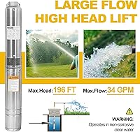 Vista 2 de WASSERMANN Bomba sumergible de pozo profundo de 4 pulgadas con cable de 10 pies, 1HP, 115 V/60 Hz, 34 GPM, cabezal de 196 pies, bomba de pozo