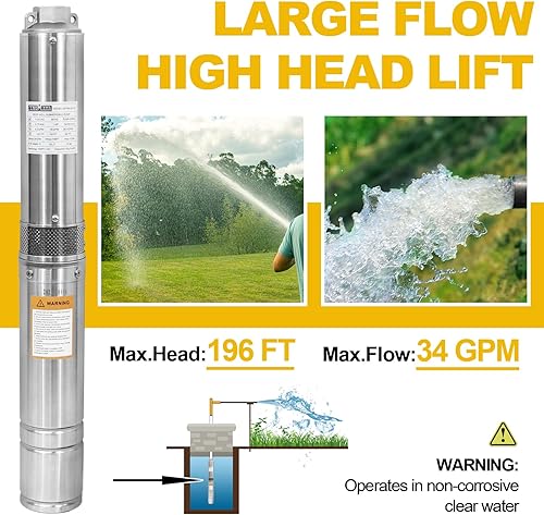 Miniatura 2 de WASSERMANN Bomba sumergible de pozo profundo de 4 pulgadas con cable de 10 pies, 1HP, 115 V60 Hz, 34 GPM, cabezal de 196 pies, bomba de pozo de agua