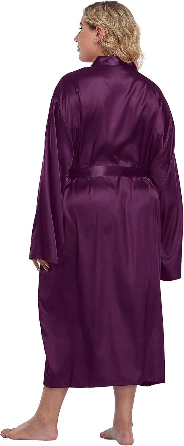 Women's Plus Size Satin Kimono Robes Long Silky Bathrobe Lightweight Sleepwear Wedding Dressing Gown - Image 3