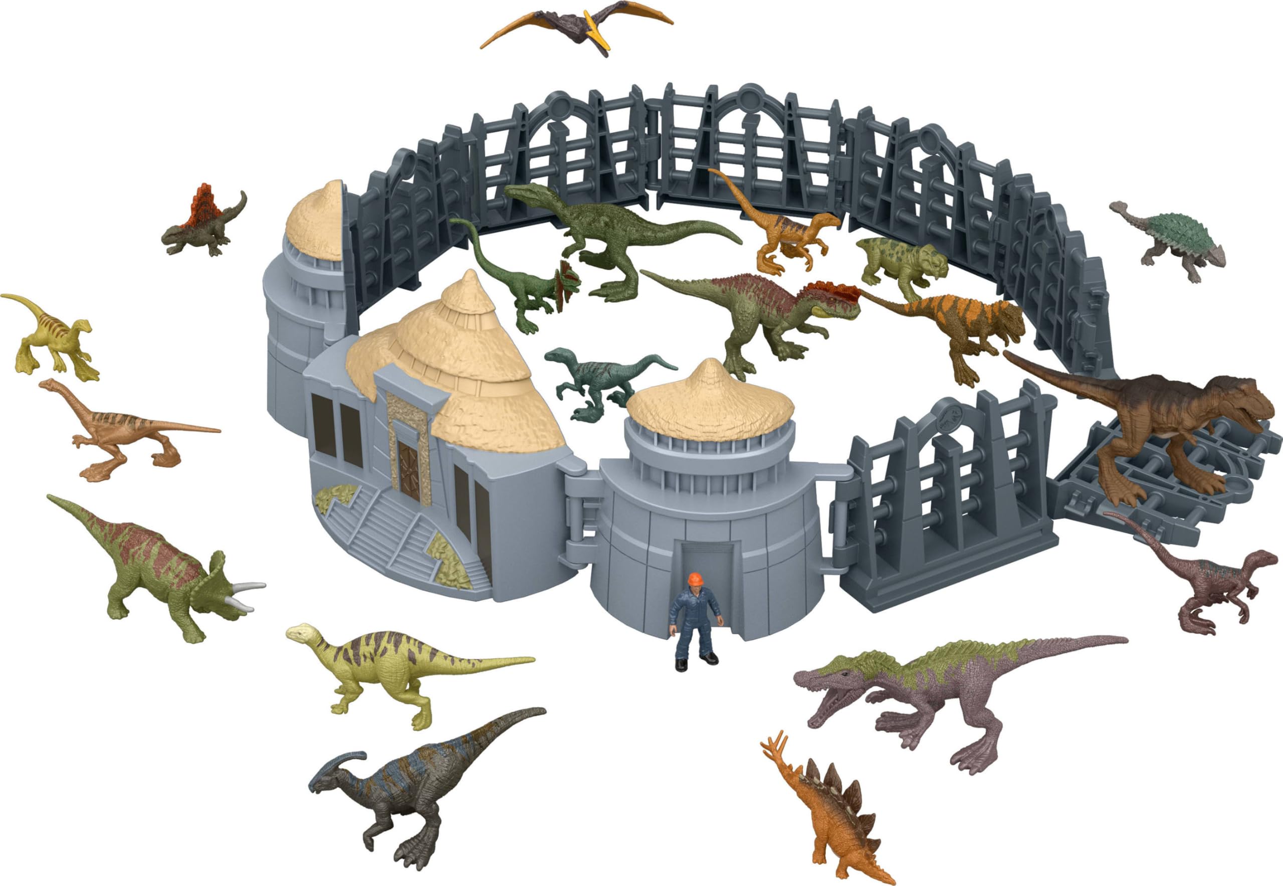 Mattel Jurassic World Minis Wyspa Dinozaurów Kalendarz adwentowy Zestaw, 24 dni niespodzianek, 19 minidinozaurów, 1 figurka człowieka, 4 akcesoria, figurki zabawki dla dzieci 4+, JLD23