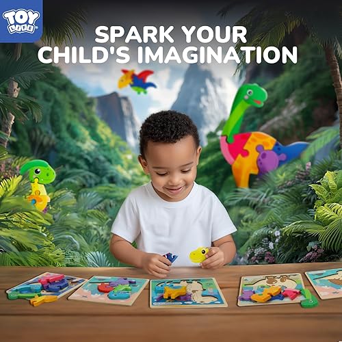 Miniatura 4 de TOY Life Rompecabezas de madera para niños pequeños de 2 a 4 años, paquete de 6 rompecabezas de dinosaurios para niños de 1 a 3 años, juguetes