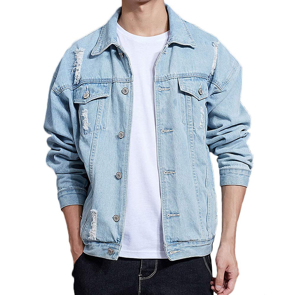 Rexcyril Men's Distressed Denim Jacket Casual Ripped Holes Button Down Trucker Jacket Jean Coat