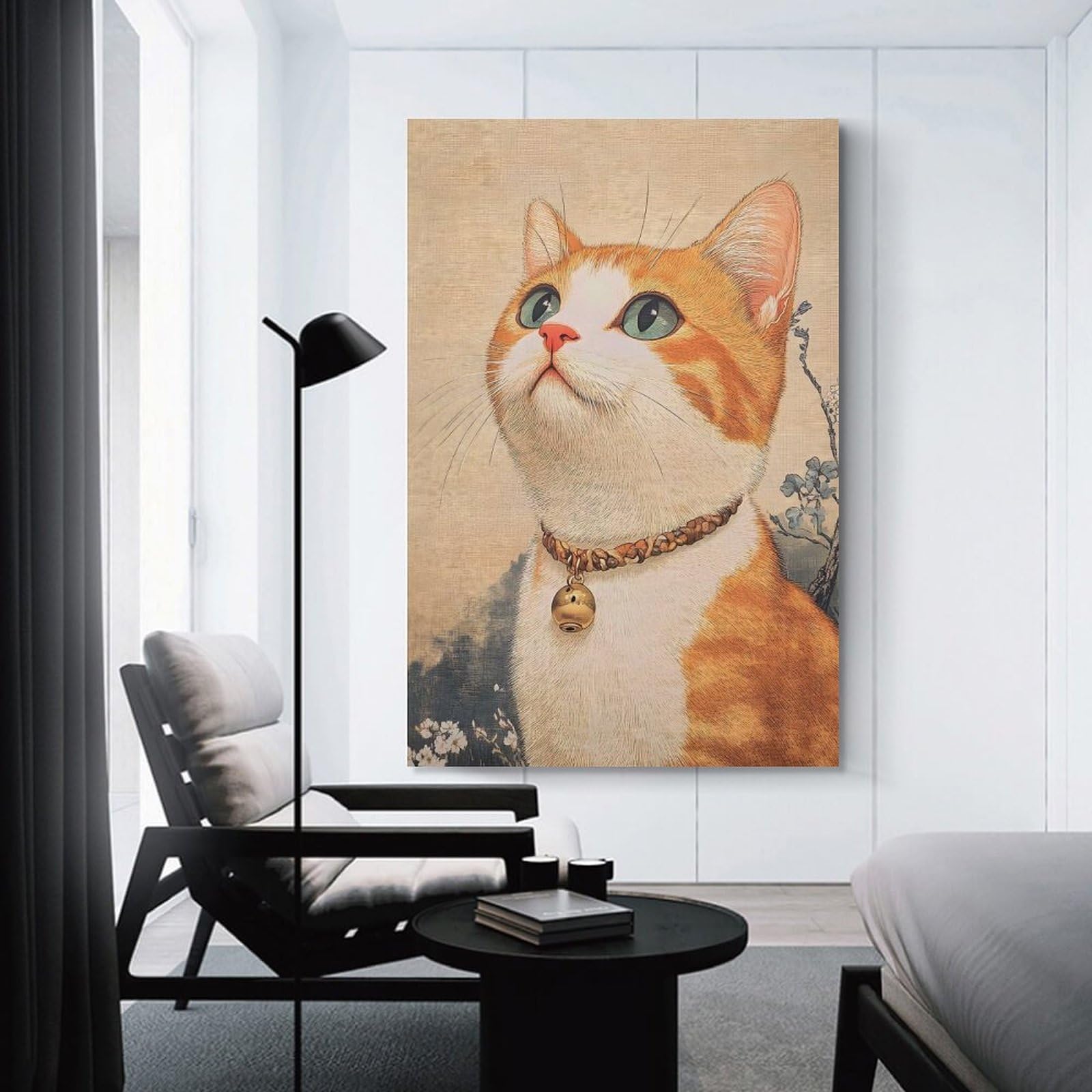 Junmoney Orange Tabby Cat with Bell Collar Canvas Wall Decor, 08x12inch(20x30cm), for Art Walls, Layered Displays Or Homes, Home Wall Art for Statement Displays