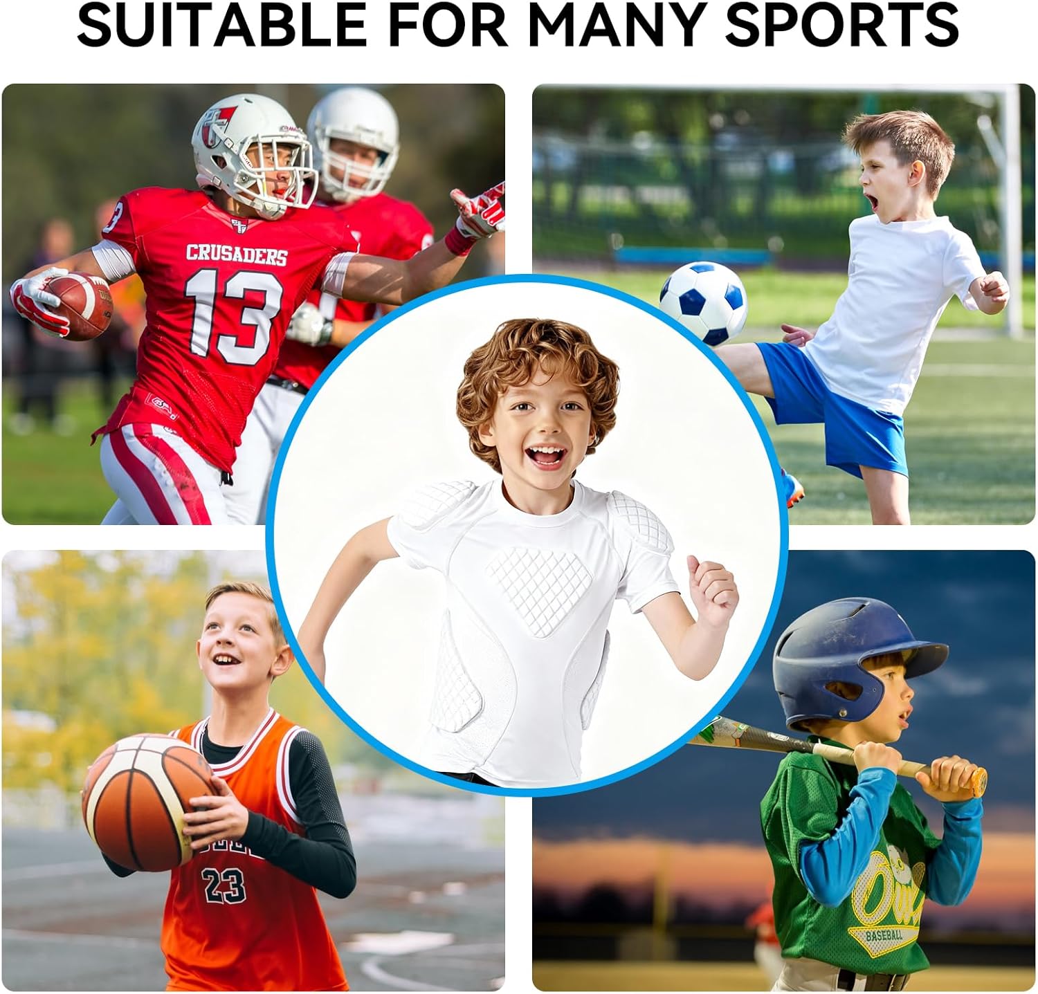 PORTEC Youth Football Rib Protectors Padded Compression Shirt ,6-Pad Chest Sternum Impact Protection , Help Reduce Sports Injury Risk, Ages 8-14, Under-Jersey Fit for Practice & League Games