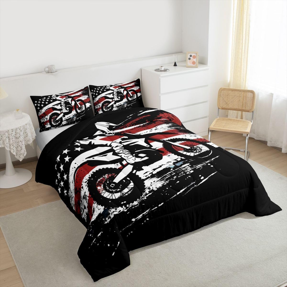 Feelyou Dirt Bike Comforter Set Twin Size Splatter Print Bedding Set for Kids Boys Girls Off-Road Racing Duvet Quilt Outdoor Sports Bedroom Decor Motocross Rider Microfiber 2 Pcs with 1 Pillow Cases