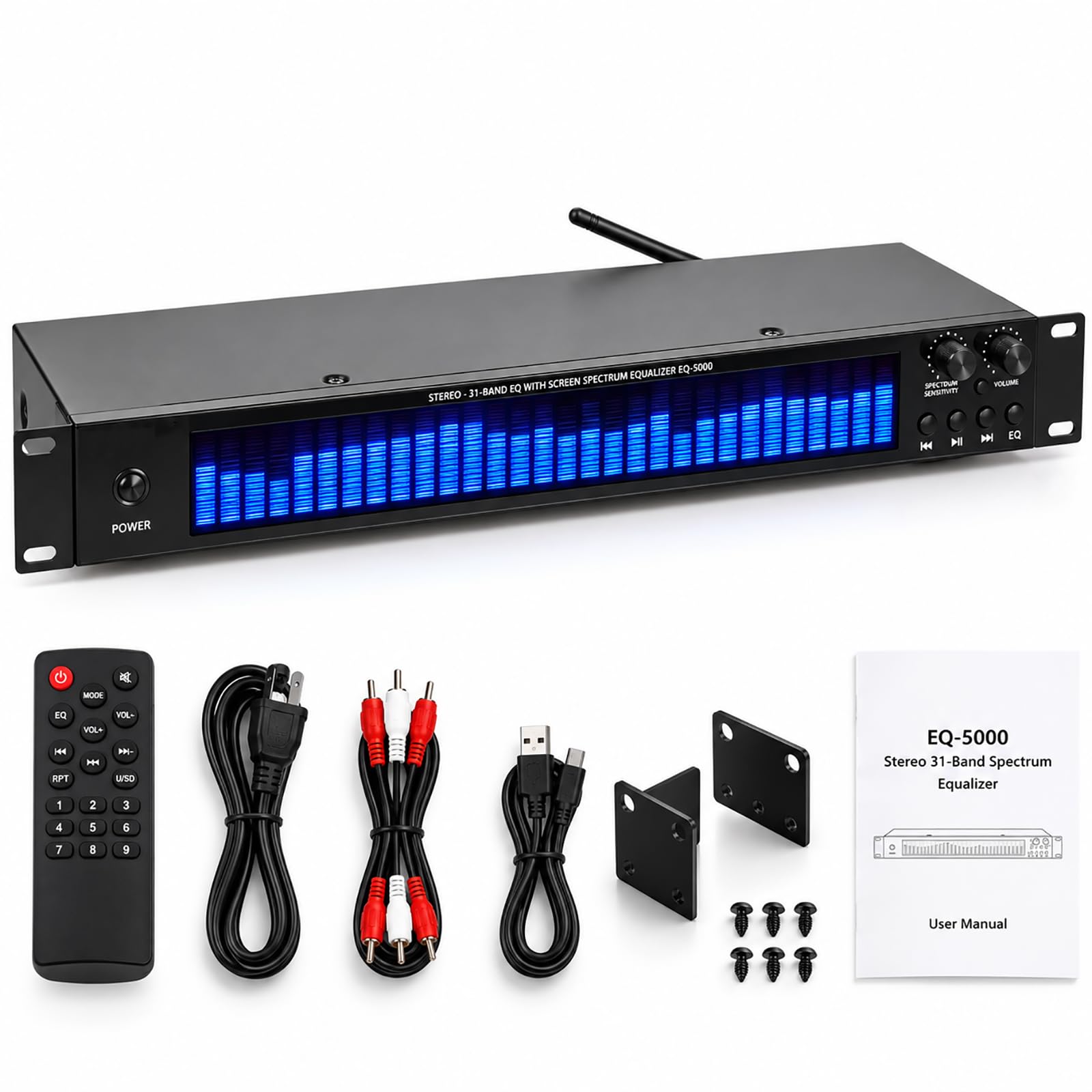 Ecualizador De Audio De 31 Bandas con Analizador De Espectro, Bluetooth 6.0, 5 Preajustes De Ecualizador, Reproductor USB, Salida RCA Y XLR O Audio Doméstico, Estudio Y Sonido En Vivo
