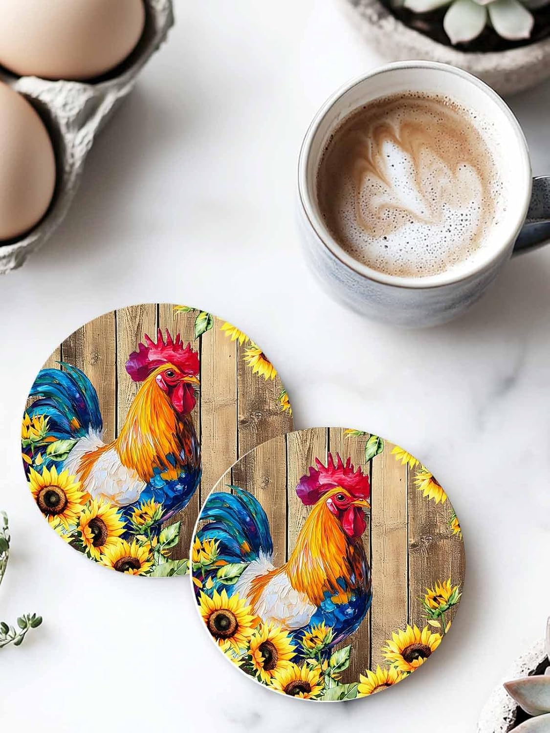 Drink Coasters Sunflower Rooster Absorbent Stone Ceramic Coaster with Cork Back and NO Holder for Cups, Set of 6-Piece Farm Animal Wood Grain Coasters for Drinks
