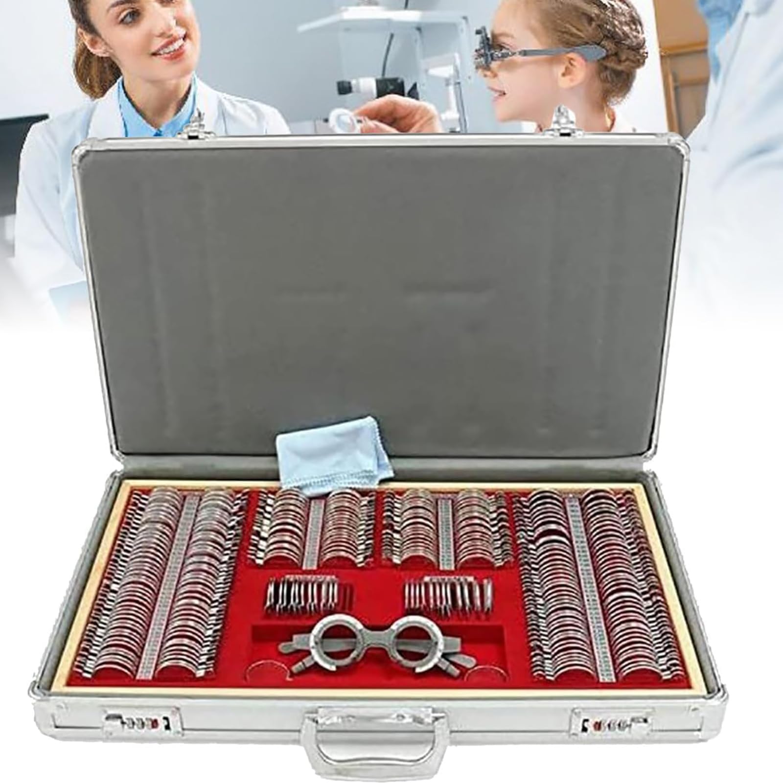 Zestaw optometryczny, 266-częściowy zestaw optycznych soczewek testowych zestaw optometrii, zestaw metalowych soczewek testowych, rama testowa z aluminiową obudową z metalową krawędzią + król
