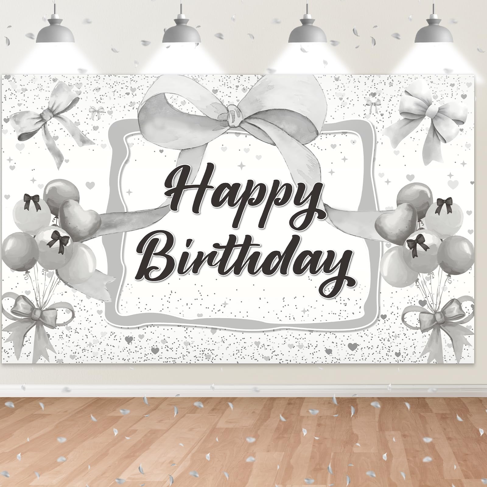 Black White Bow Birthday Backdrop,Bow Happy Birthday Banner Decorations for Girls Women Party Decor