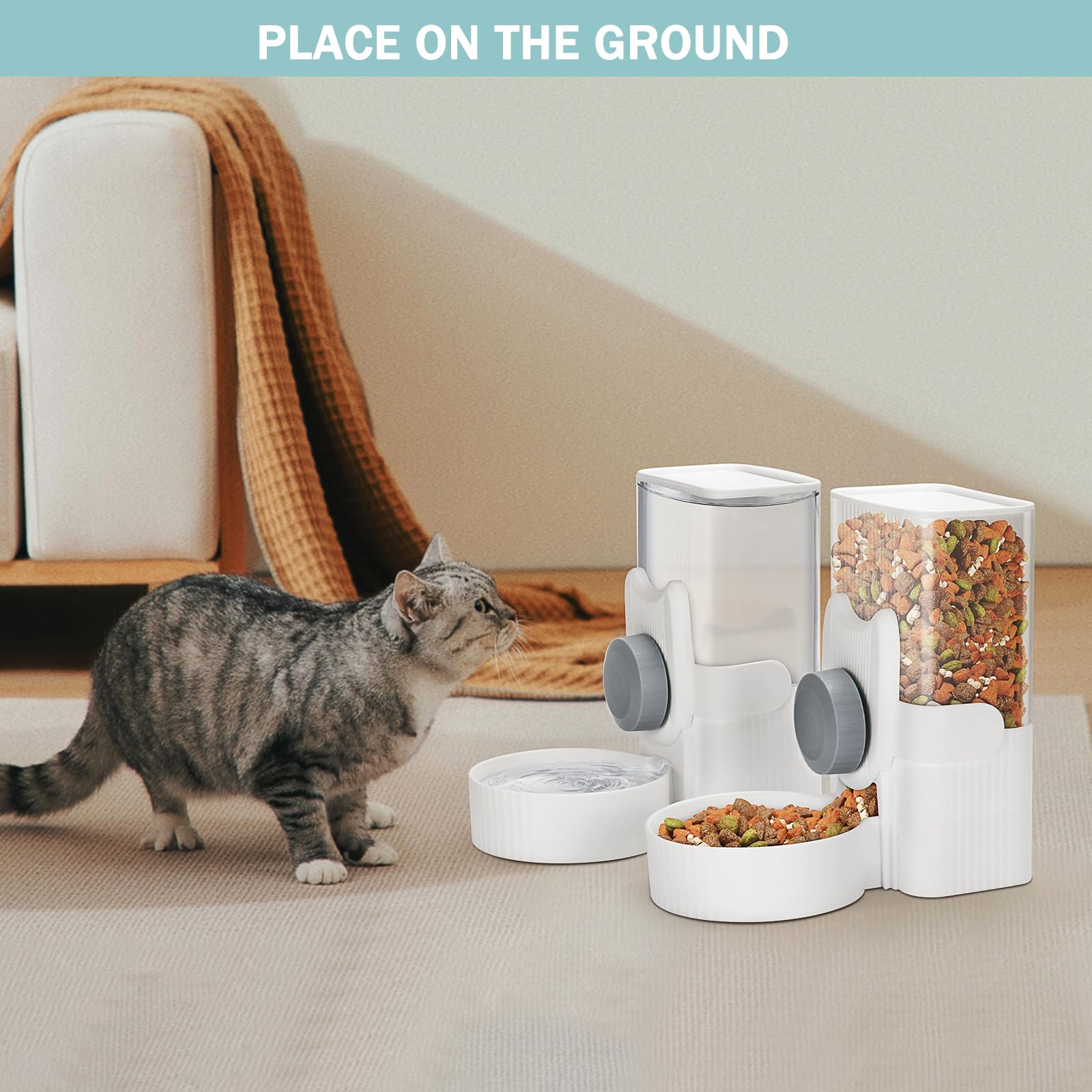 Automatic Cat Feeder and Water Dispenser, ShineMe 35oz Auto Gravity Feeder Hanging Food and Water Bowls for Small Pets, Cats, Kitten, Dogs, Rabbits, Ferrets (Grey)