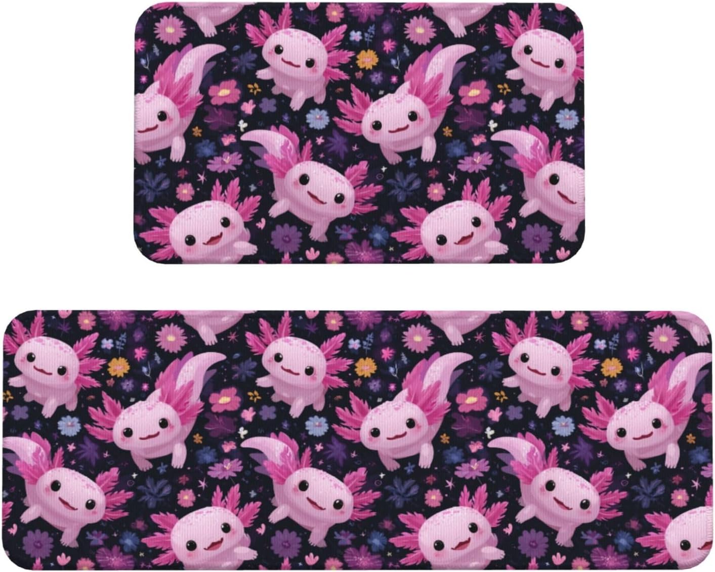 Pink Cute Axolotl Print Kitchen Rugs Sets of 2 Non Slip Washable, Anti Fatigue Kitchen Mats for Floor, Home Decor