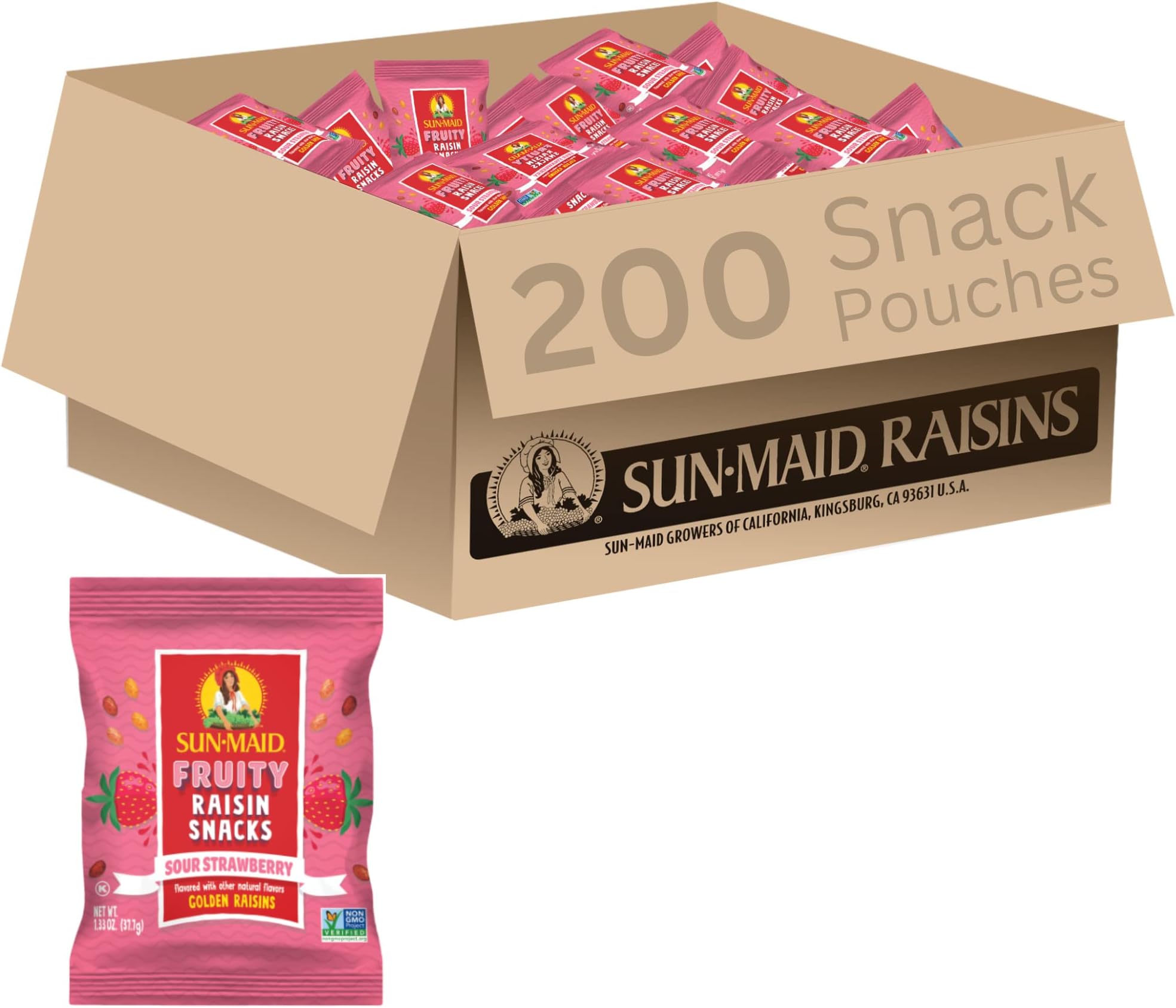 Sun-Maid Sour Strawberry Fruity Raisin Snacks - (200 Pack) 1.33 oz Pouches - Sour Strawberry Raisins - Dried Fruit Snack for Lunches and Snacks