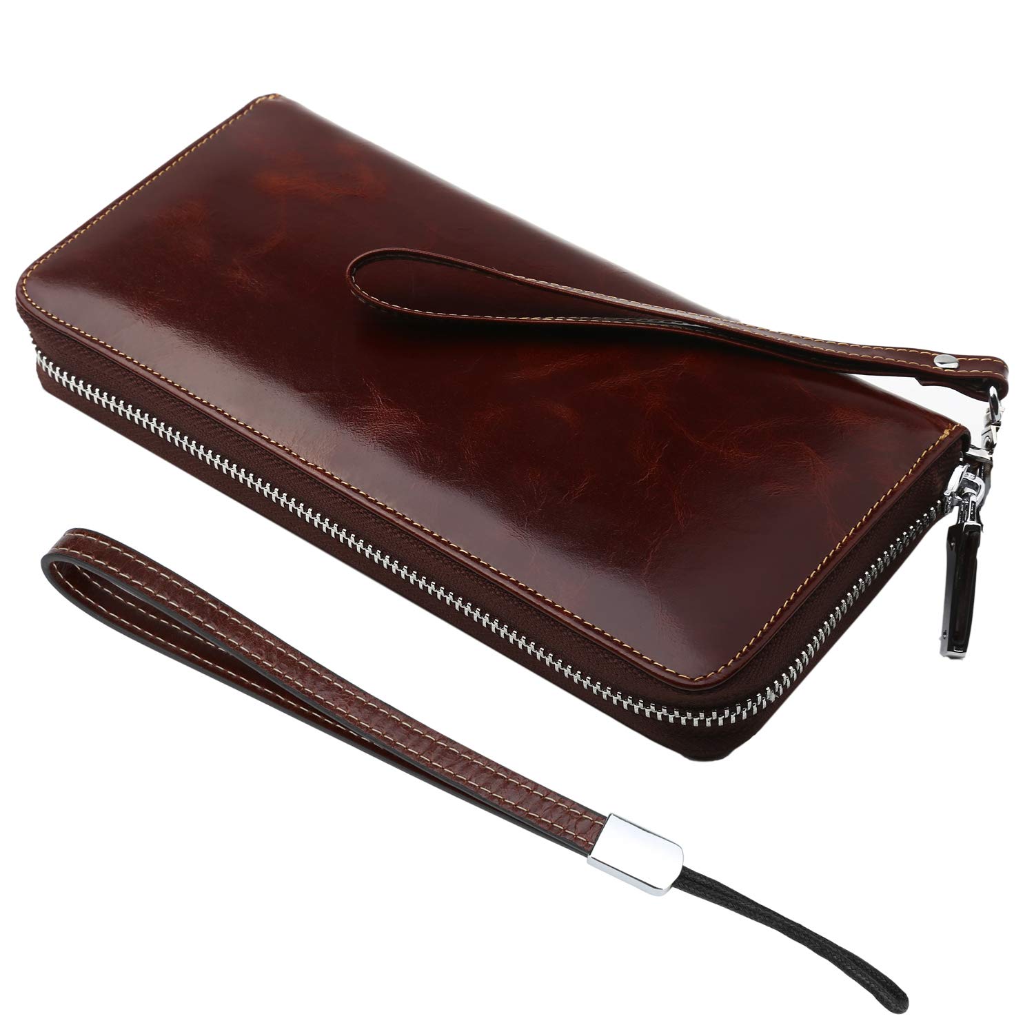 LavemiWomen's RFID Blocking 100% Leather Large Capacity Zip Around Wallet Phone Holder Clutch Travel Purse Wristlet