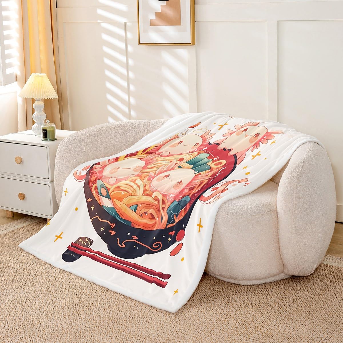 Homemissing Axolotl Wohndecke Cartoon Salamander Decke 220x240cm für Kinder Jungen Mädchen Japan Lamian Nudeln Flanell Fleecedecke Ozeantier