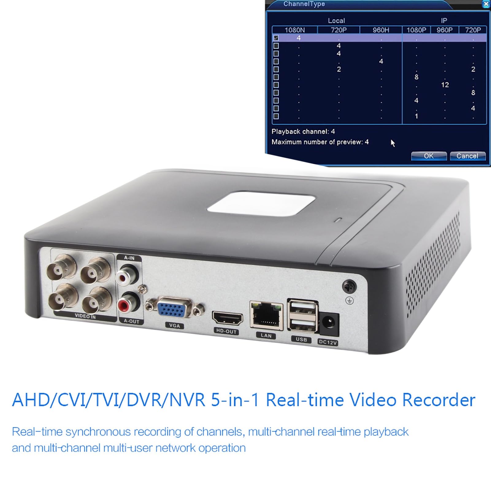 Enregistreur CCTV de sécurité 4 canaux 4CH CCTV de sécurité AHD/CVI/TVI/DVR/NVR Enregistreur vidéo en Temps réel 5-en-1 100-240V(100-240V EU)