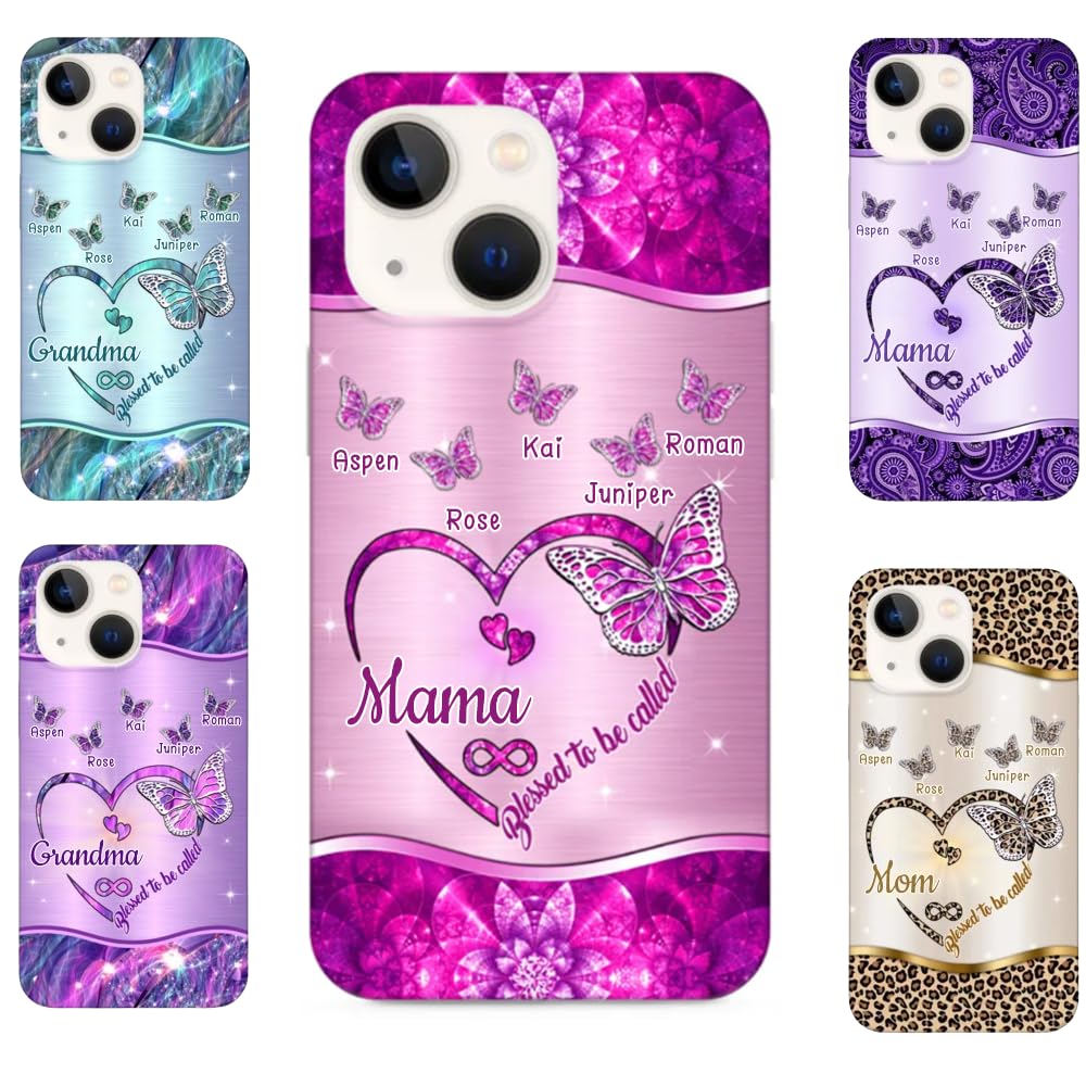 Sparkling Grandma- Mom Heart Butterfly Kids Personalized Glass Phone Case, Personalized Grandma's Phone Case, Custom Mom Phone Case, Gift for Nana