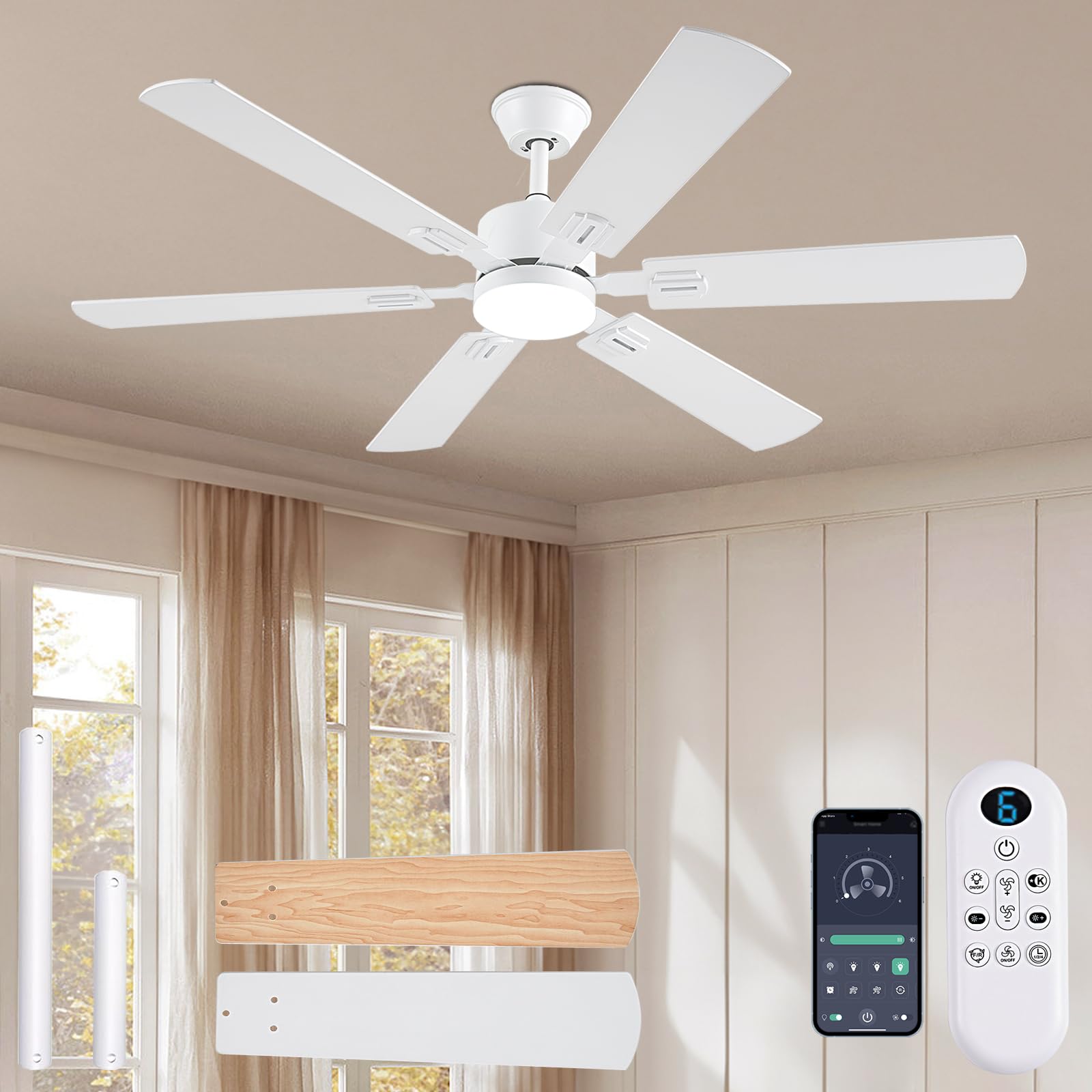 56inch Modern White Ceiling Fans with Lights and Remote/App Control, Dimmable LED, Reversible DC Motor, Noiseless, 6 Double-Side Blade Low Profile Ceiling Fan for Livingroom Indoor/Outdoor Use