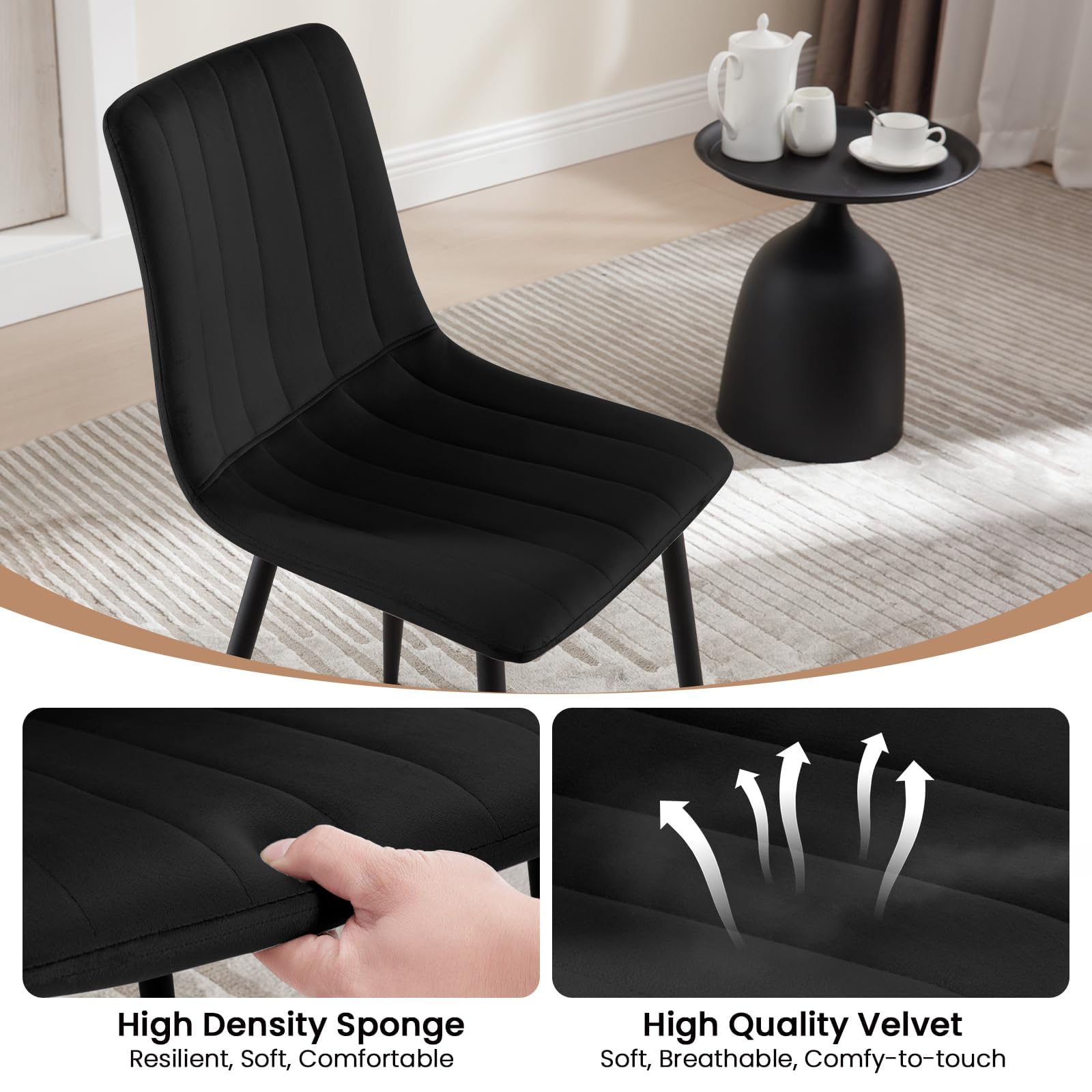 Chaises de Salle à Manger,Velours,Noir | Chaise Rembourrée avec Dossier, Pieds en Métal, sans Accoudoir, pour Salle à Manger, Salon et Chambre