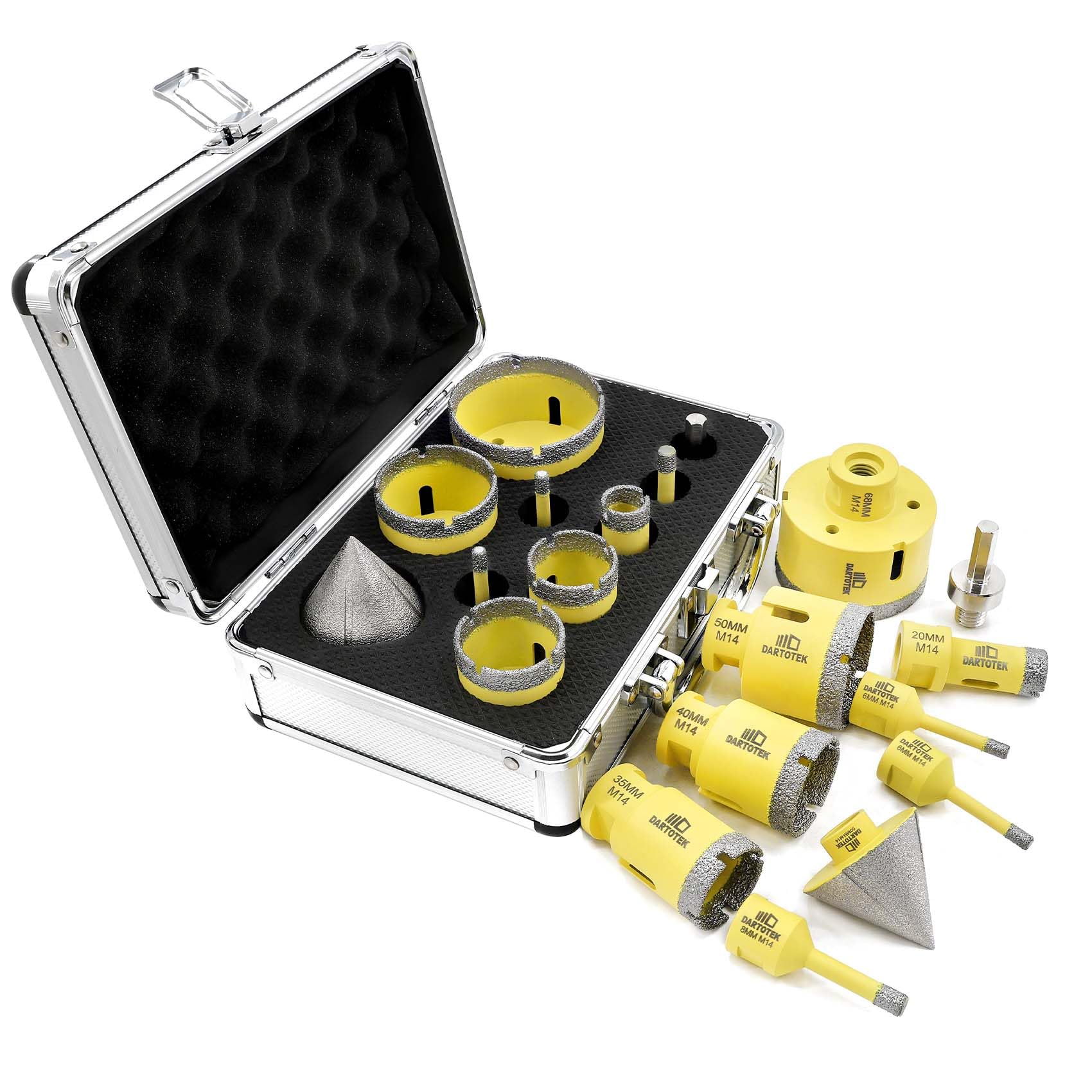 Diamond Drill Bits Set 10pcs, 8pcs 6/6/8/20/35/40/50/68mm M14 Hole Saw, 50mm Beveling Bit