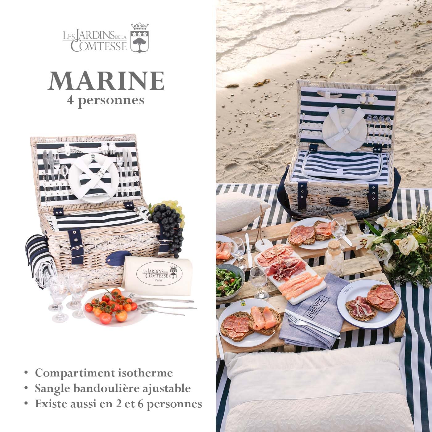 Les Jardins de la Comtesse - Picknickkorb Marine - Komplett/4 Personen - Kühlfach - Keramikteller und Weingläsern/Einer Wasserdichten Tischdecke - Gestreifter Stoff blau und weiß - 45 x 31 x 24 cm
