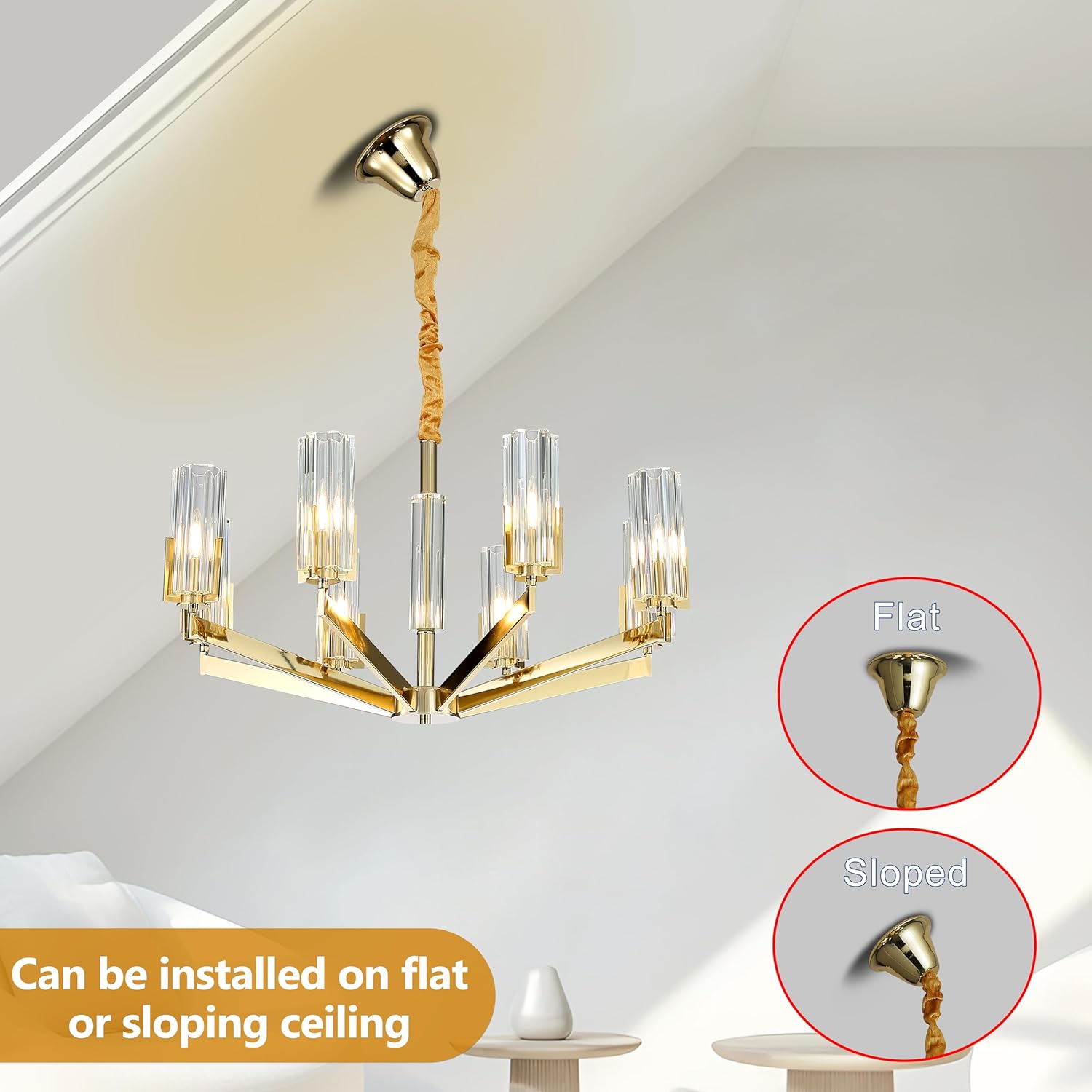 Modern Gold K9 Crystal Chandelier, 31-Inch 8-Light Geometric Pendant Light with Clear Crystal Tubes, E12 Base Fixture for Dining Room, Living Room, Foyer
