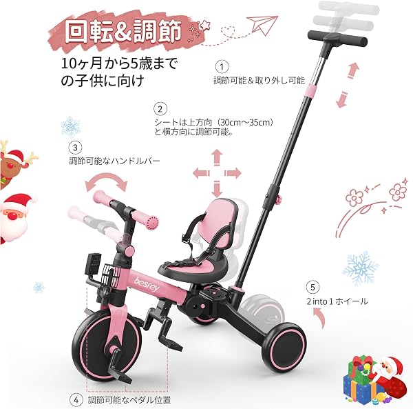 besrey 三輪車 子供用三輪車 折りたたみ かじとり 手押し棒 5in1 1歳から5歳まで ランニングバイク 自転車 乗用玩具 幼児用 キッズバイク プレゼント ギフト ピンク - 5
