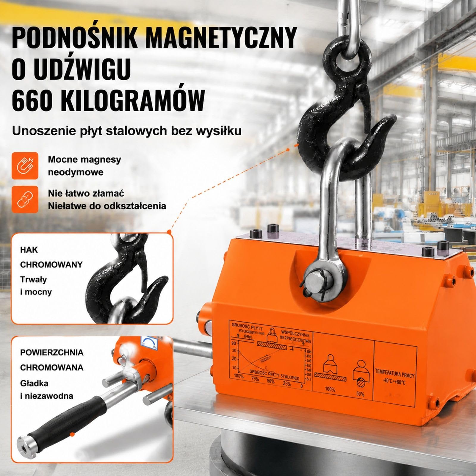 Magnes trwały 300 kg, żółty neodymowy podnośnik dźwigowy z hakiem i rowkiem U do blachy stalowej oraz okrągłych prętów