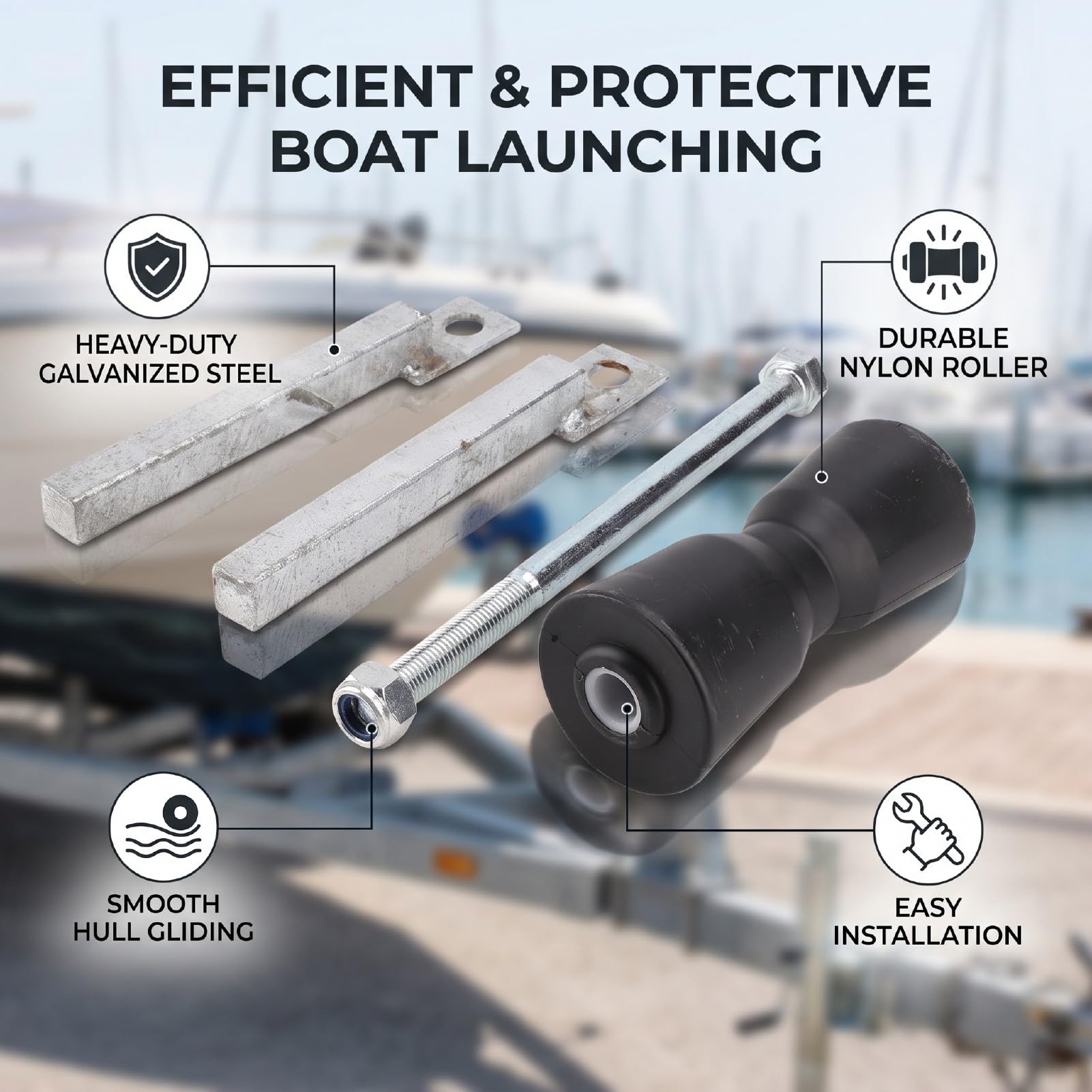 Rullo di Chiglia per Rimorchio Barca, Rullo Protettivo per Varo Imbarcazione 190 Mm, for Lancio e Protezione dell Imbarcazione | Supporto per rullo di prua in nylon e acciaio zincato per yacht e barche