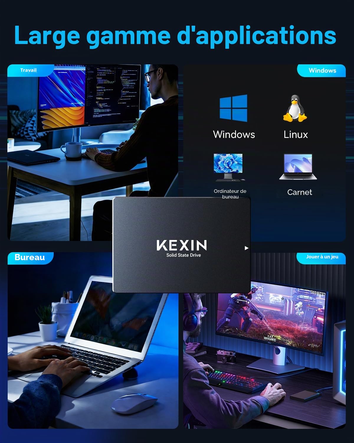KEXIN SSD Interne SATA III 2,5" 128 Go – Jusqu'à 450 Mo/s en Lecture et 330 Mo/s en écriture SSD Haute Vitesse pour Ordinateur Portable et PC de Bureau