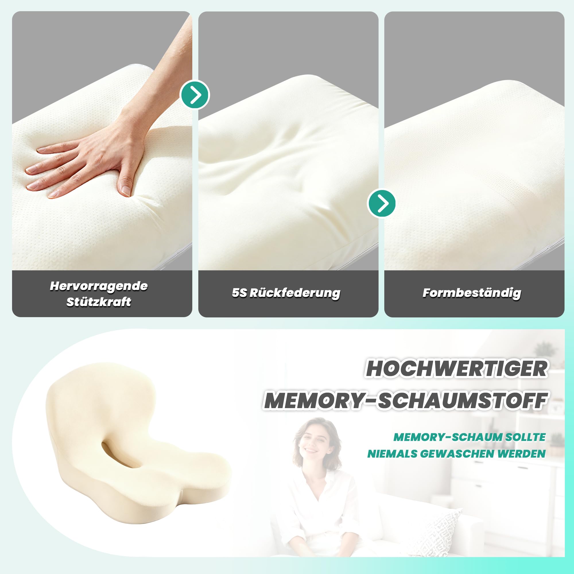 Urban Deco Sitzkissen Orthopädisch mit Rückenlehne, Ergonomisches Rückenstützkissen aus Memory-Schaumstoff, Stuhlkissen für Bürostuhl, Autositz, Rollstuhl, Büro, Auto, Schwarz & Grau,1PCS