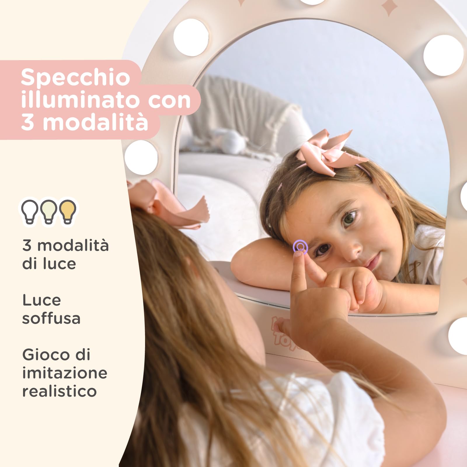 Nene Toys Toeletta Trucco Bambina con Specchio Illuminato e Sgabello, Specchiera Trucco Bambina in Legno, Postazione Trucco con 3 Modalità di Luce, Cassetto, Accessori, Regalo 3+ Anni