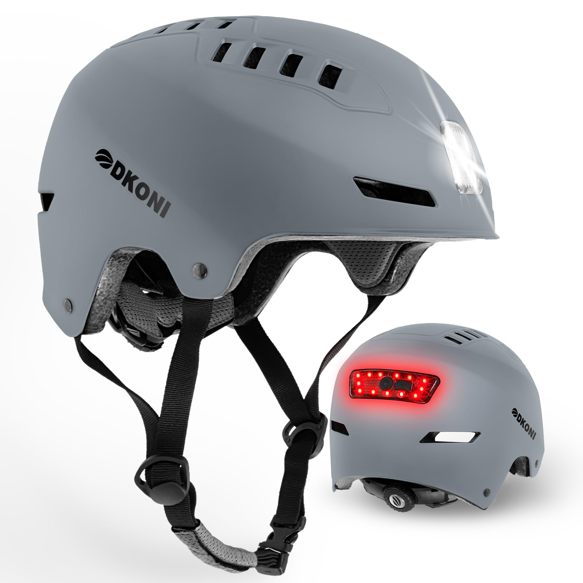 DKONI Bike Helmet with LED Lights Bicycle Helmets Commuter Cycling Helmet USB Rechargeable Front & Back LED Light Helmet for Adult Men Women (Gray, L: 22โณ-24โณ(56-61cm))