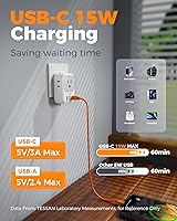 Vista 3 de Adaptador de enchufe de viaje europeo USB C, adaptador de enchufe internacional TESSAN con 4 salidas de CA, 3 puertos de carga USB, adaptador