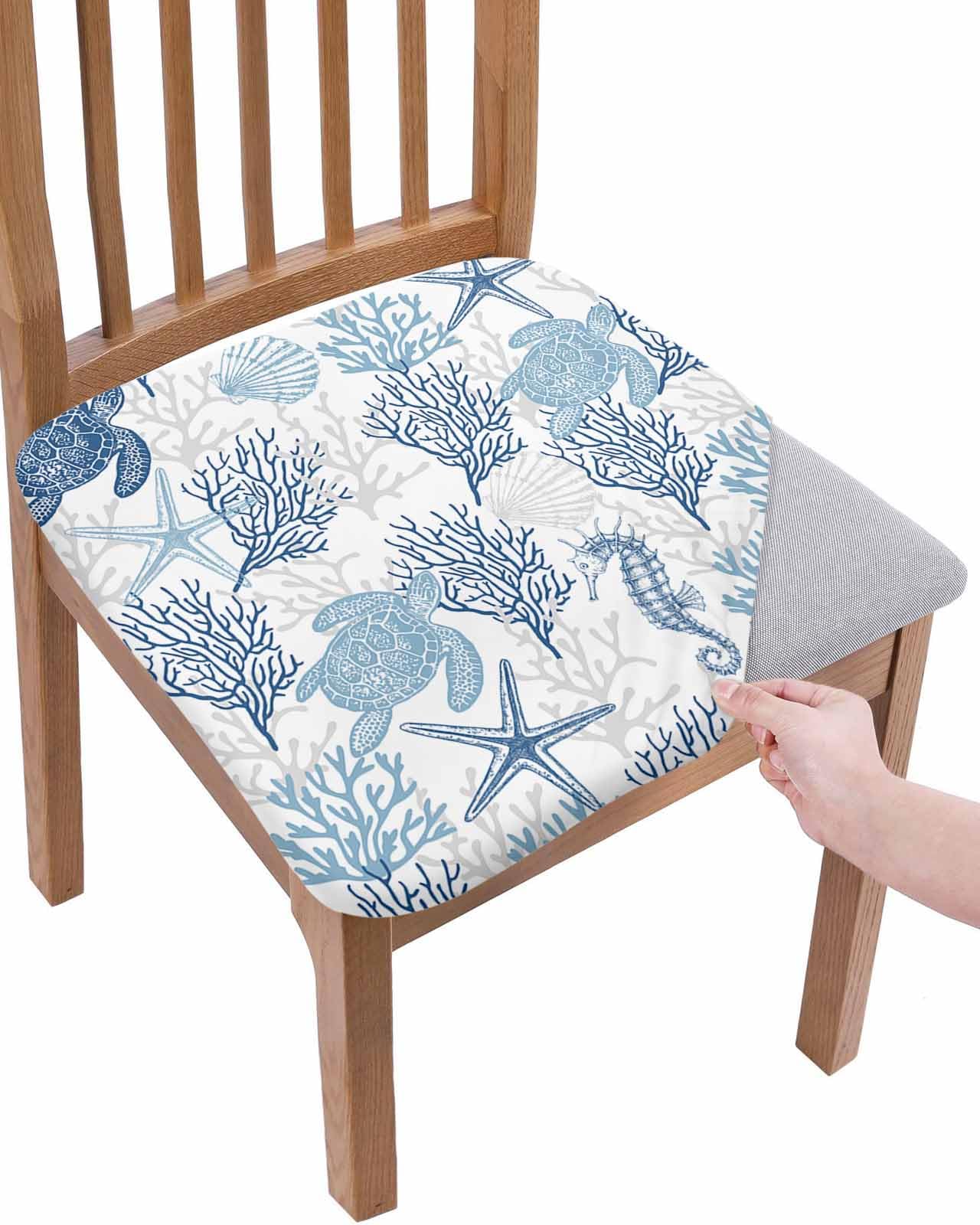 DecorLovee Navy Blue Grey Coastal Seat Covers for Dining Room Chairs Covers, Office Chair Seat Cover, Sea Turtle Nautical Coral Summer Beach Chair