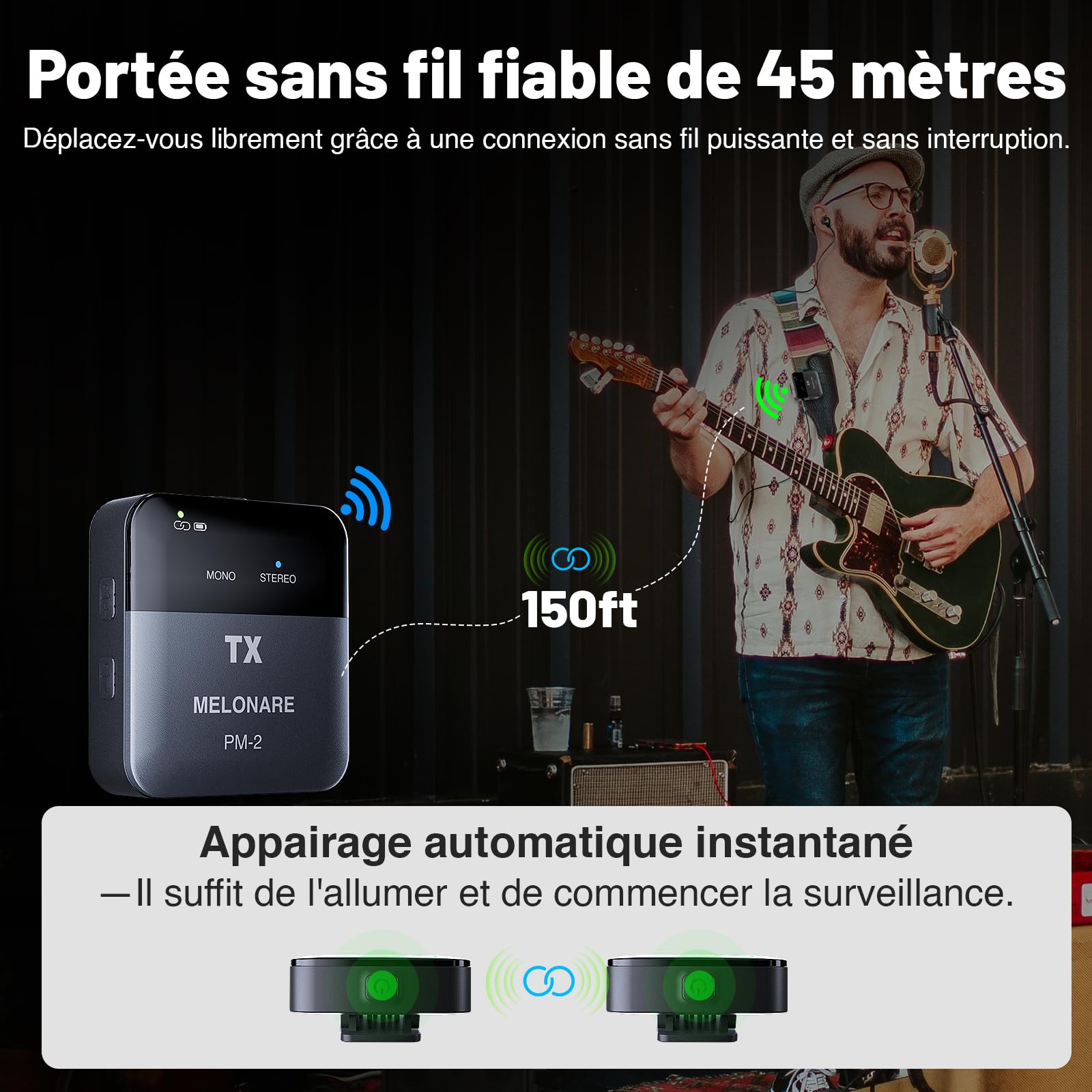 MELONARE PM-2 Système de moniteur intra-auriculaire portable sans fil avec étui de charge, émetteur et récepteur audio sans fil, audio 24 bits/48 kHz, entrée OTG, commutateur mono/stéréo, IEM pour