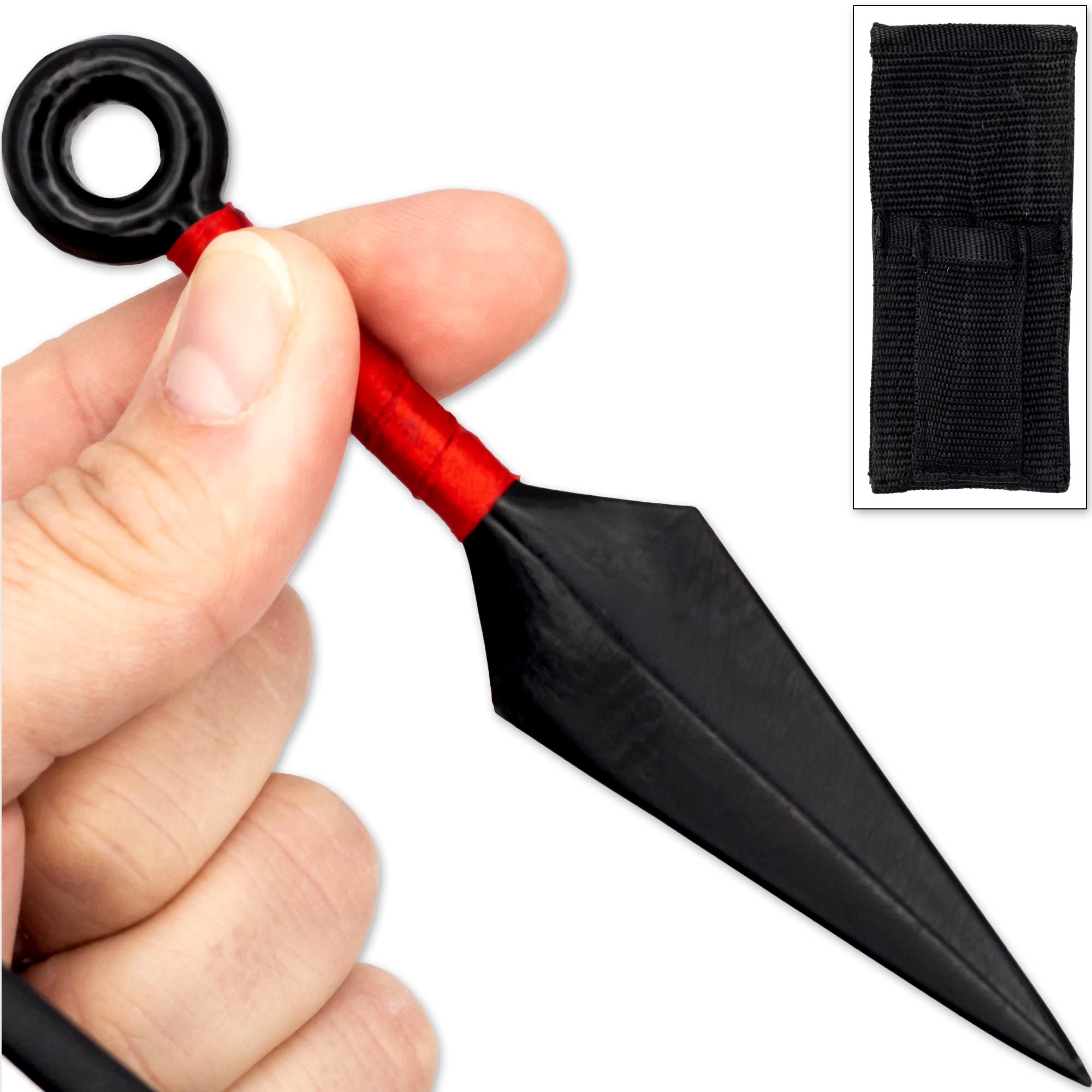 Armory Replicas - Set of Three Ninja Inspired Black Cast Metal Kunai Knife - Collectible Anime Replica Throwing Knives w/Wrapped Red Ribbon Handle