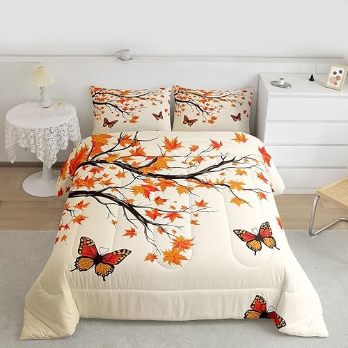 Miniatura 3 de Erosebridal Juego de edredón de tamaño King para niñas, ropa de cama de mariposa, ropa de cama botánica de hoja de arce y juegos de edredón con