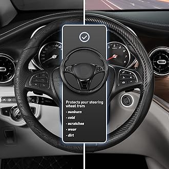 SEG Direct Car Steering Wheel Cover Universal Standard-Size 37-39cm Leather with Carbon Fiber Pattern Black
