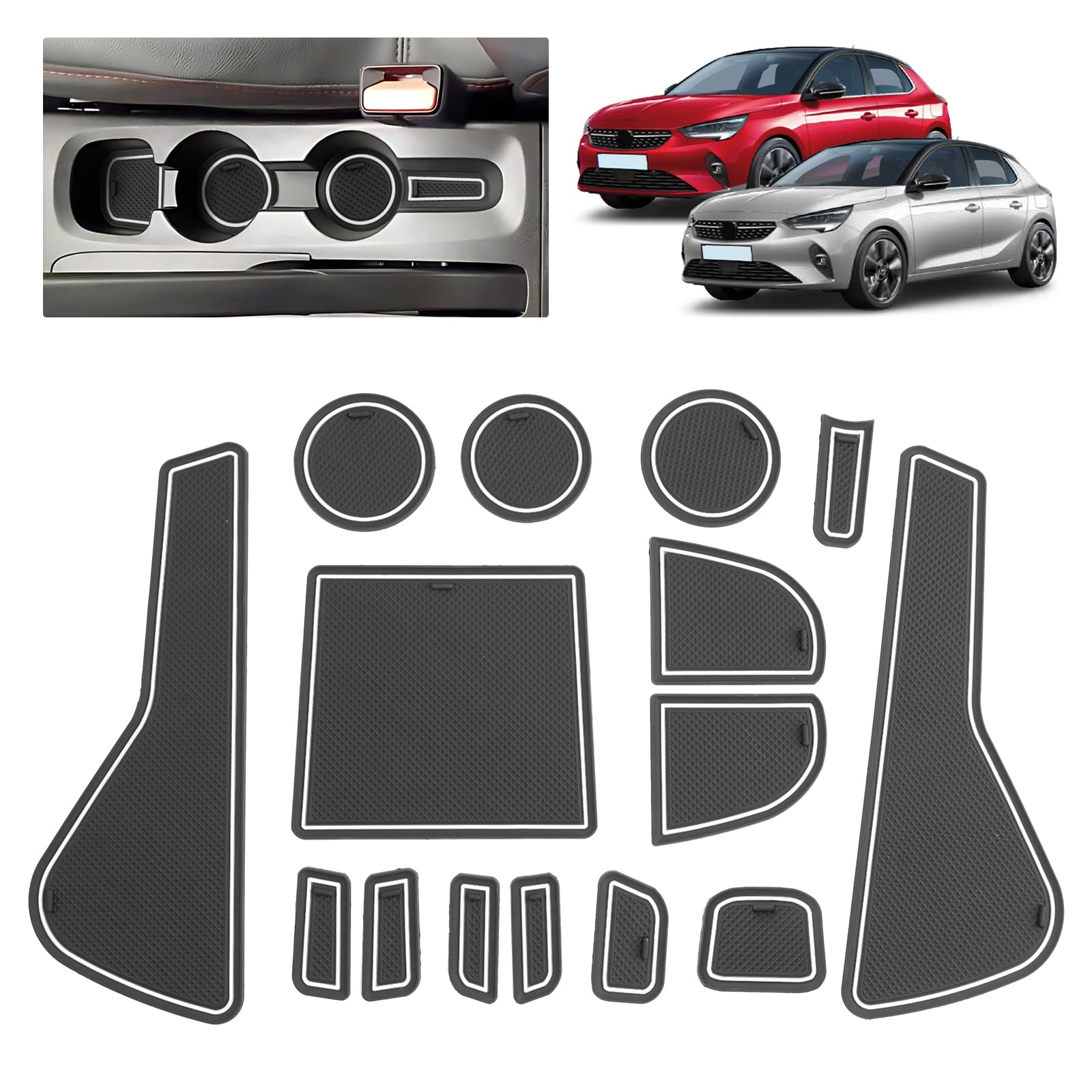 Compatibile con Opel Corsa F 2020-2024 2025 (Freno Manuale) Tappetini Antiscivolo per Opel Corsa F Tappetini in Gomma per Console Centrale, Porta Bicchieri, Scanalatura Porta (Bianco)