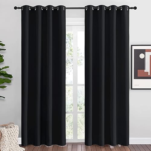 NICETOWN Cortinas opacas para dormitorio, sala de estar, 80 pulgadas de largo, 2 paneles, 52 pulgadas de ancho, color negro, 3 pasos, de microfibra,