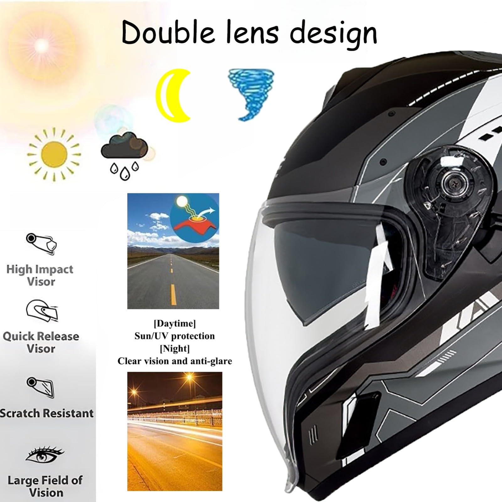 Kask motocyklowy, integralny kask motocyklowy do jazdy ulicznej i szosowej dla dorosłych (mężczyzn i kobiet), kask motorowerowy/cruiser z podwójną wizjerem, dopuszczony ECE 2205.