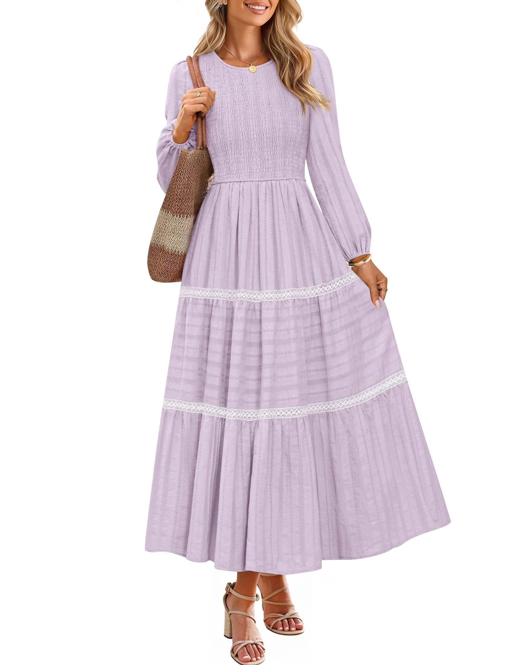 ZESICA Womens 2026 Fall Long Sleeve Casual Maxi Dresses | Crewneck Dress, Flowy A Line Dress, Smocked Tiered Layers, Elastic High Waist, Wedding Guest